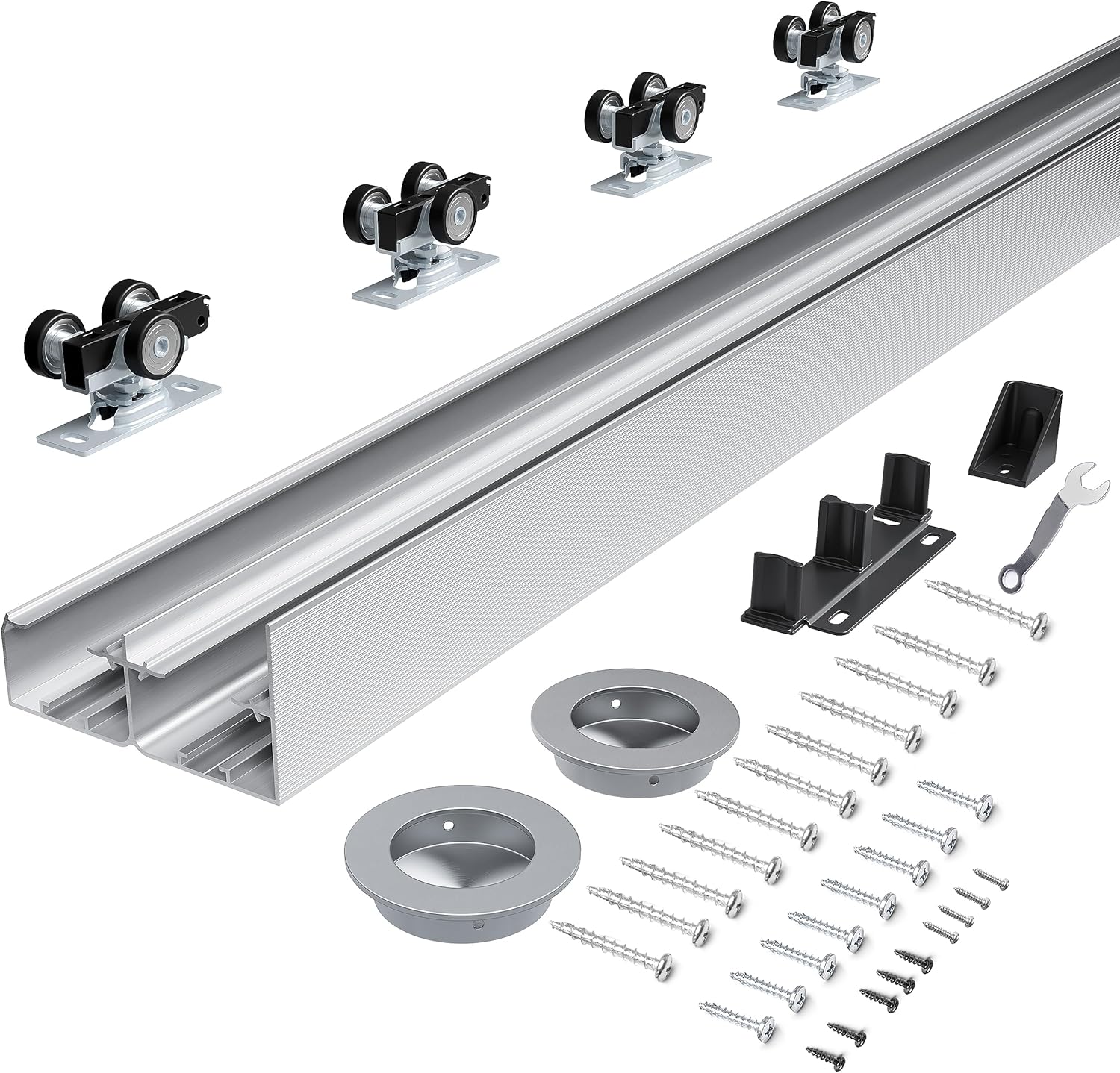 4FT Bypass Door Hardware, Closet Door Track Kit, Top-Mounted Style, Made of Heavy Duty Aluminum, Smoothly and Quietly, for 2 Doors System - Fit Min Door Panel Width of 24.5in, Silver