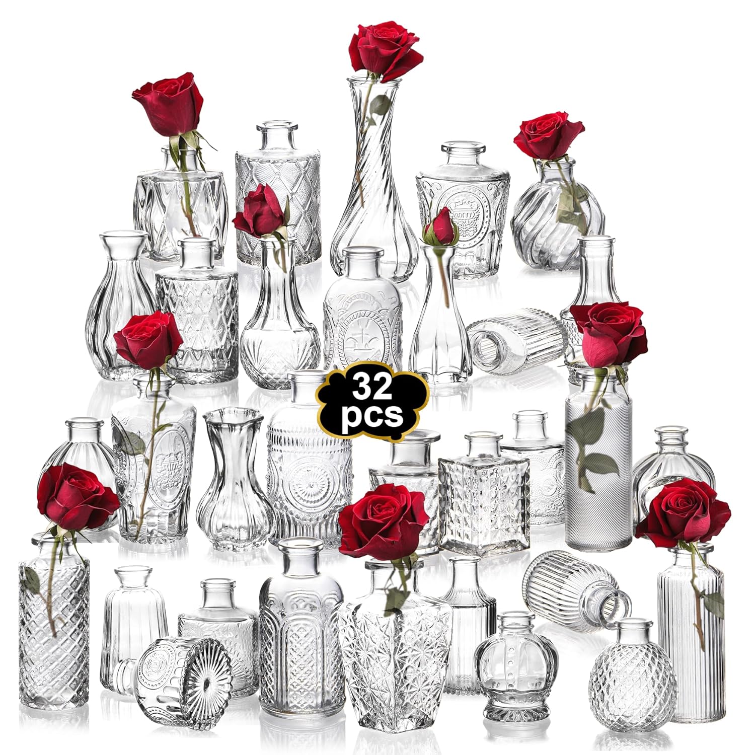 Clear Bud Vases Bulk 32,Small Flower Vases for Wedding,Glass Vintage Vase Set for Centerpieces,Recepetion,Home