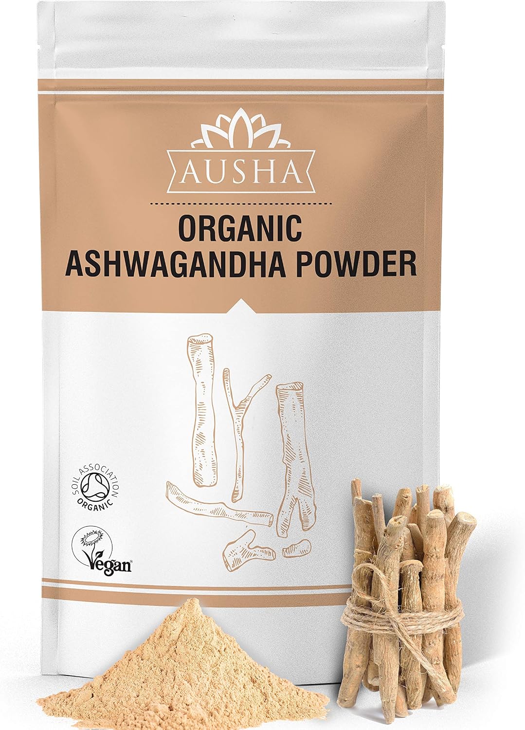 Ausha Organic Ashwagandha Powder 1kg - UK Certified Organic by Soil Association - for Stress & Anxiety Relief, Energy, Sleep Aid - High Strength Whole Ashwagandha Root Used