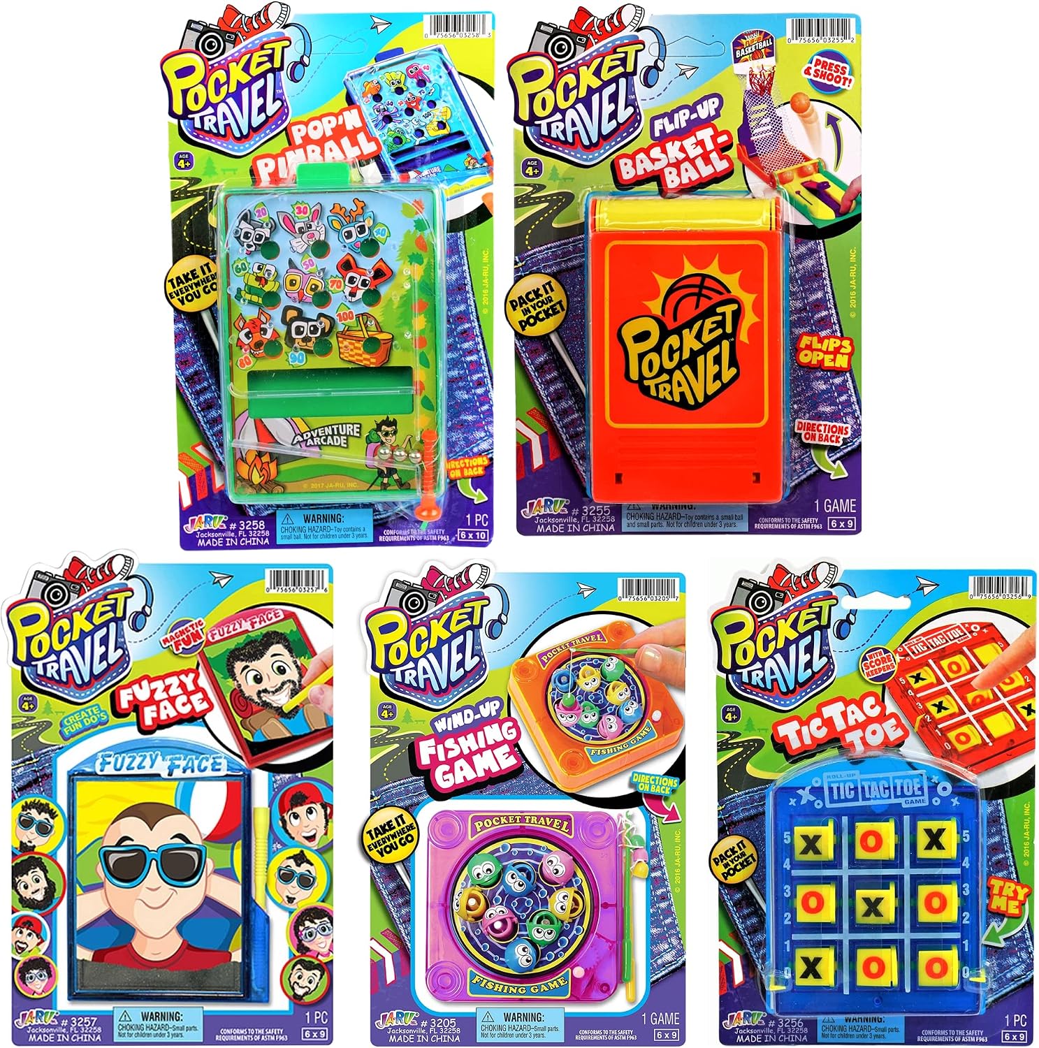 JA-RU Pocket Travel Toy Set (5 Toys) Kids Mini Handheld Games. Pinball Machine, Finger Basketball, Fishing Game, Magnetic Beard, & Small Tic Tac Toe. Party Favors. 3255-3258-3257-3205-3256p