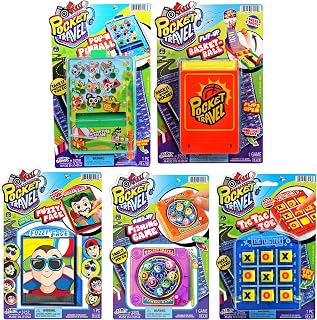 JA-RU Pocket Travel Toy Set (5 Toys) Kids Mini Handheld Games. Pinball Machine, Finger Basketball, Fishing Game, Magnetic Beard, & Small Tic Tac Toe. Party Favors. 3255-3258-3257-3205-3256p