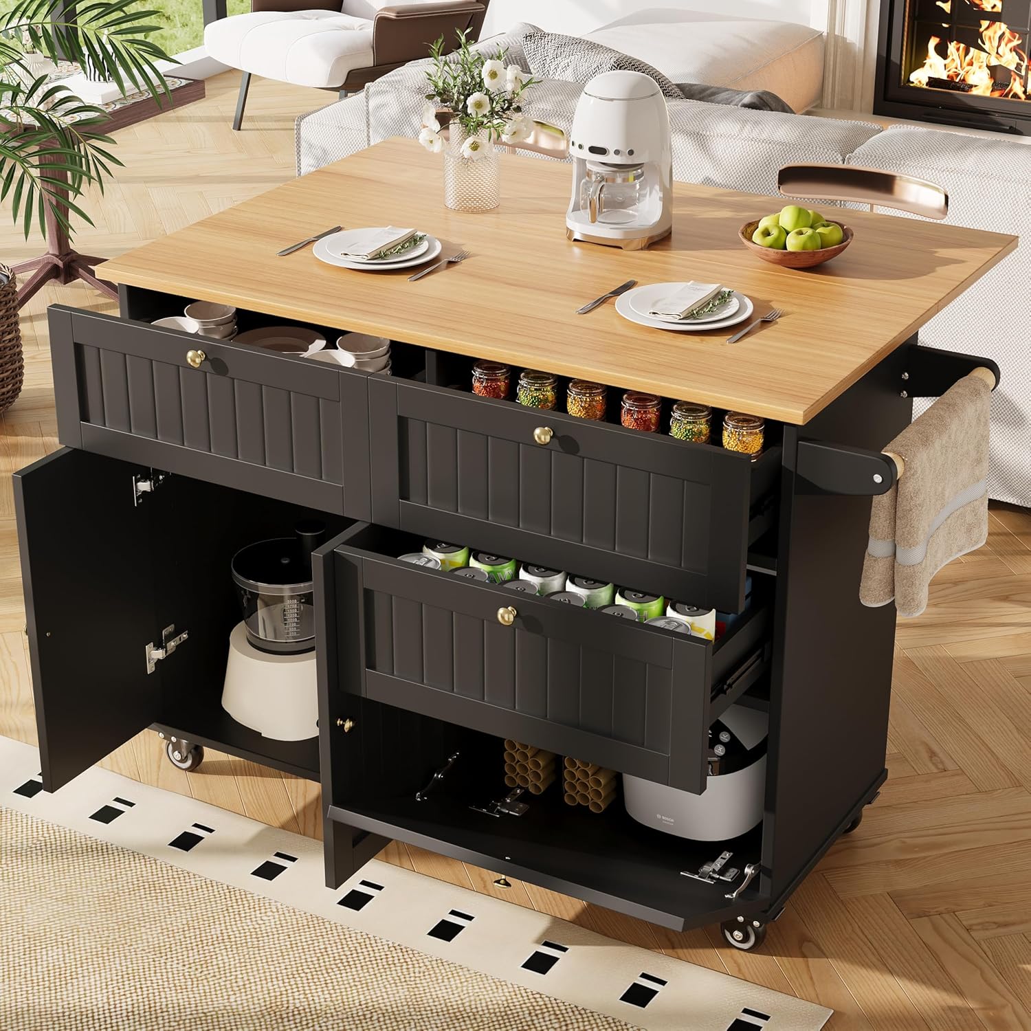 Miyemo Kitchen Island on Wheels, Kitchen Island Storage Trolley with Drawer & Storage Cabinet, Kitchen Storage Cabinet with Drop Leaf, Breakfast Bar, Towel Rack, Black