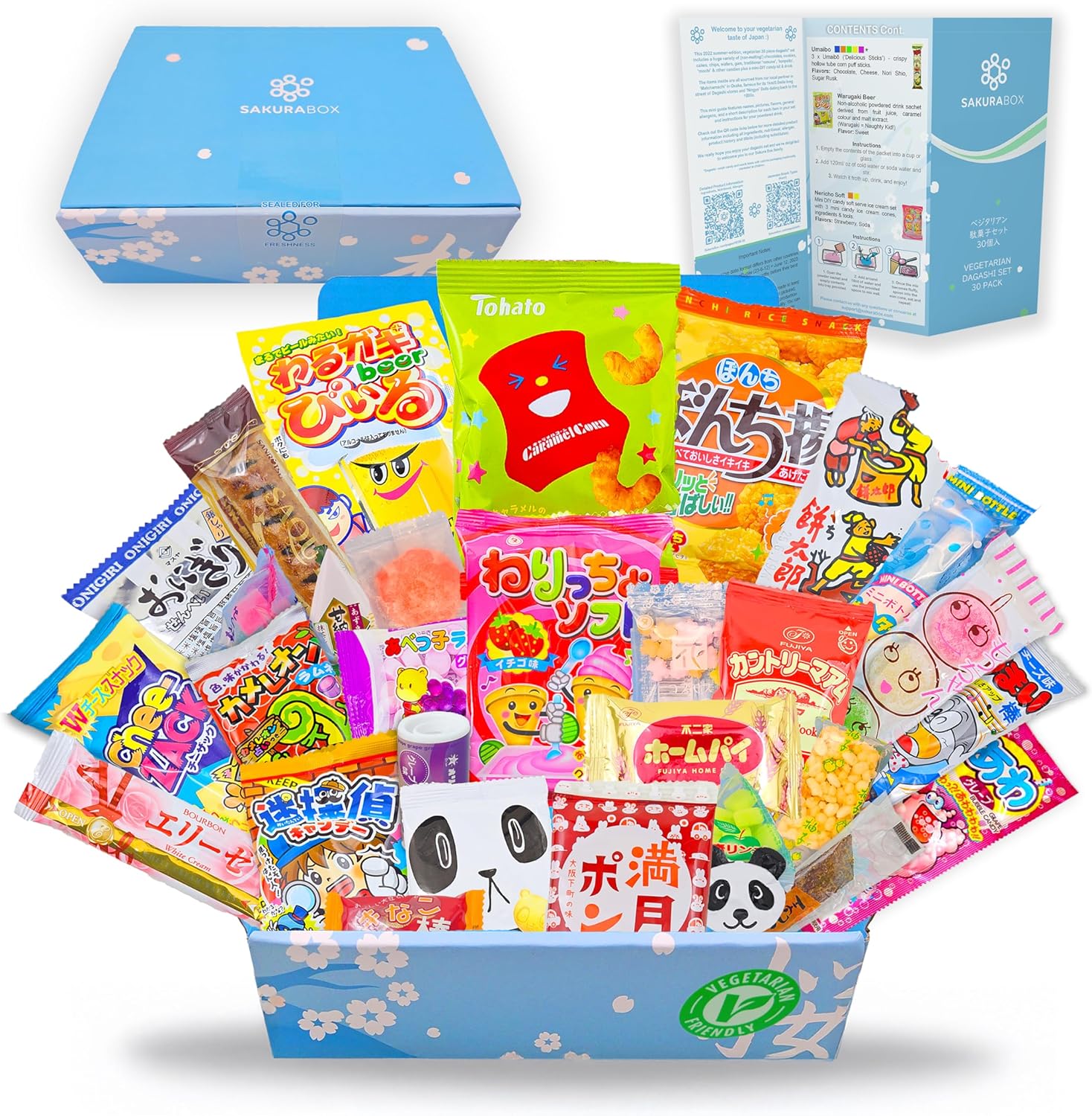 Sakura Box Japanese Vegetarian Snacks & Candy 30 Piece Dagashi Set Halal Friendly Food