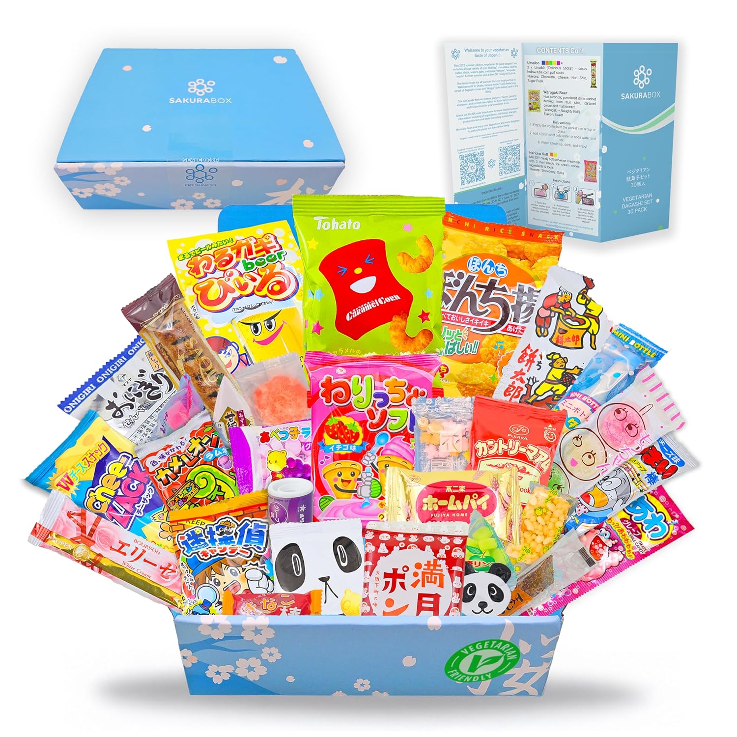 Sakura Box Japanese Vegetarian Snacks & Candy 30 Piece Dagashi Set Halal Friendly Food