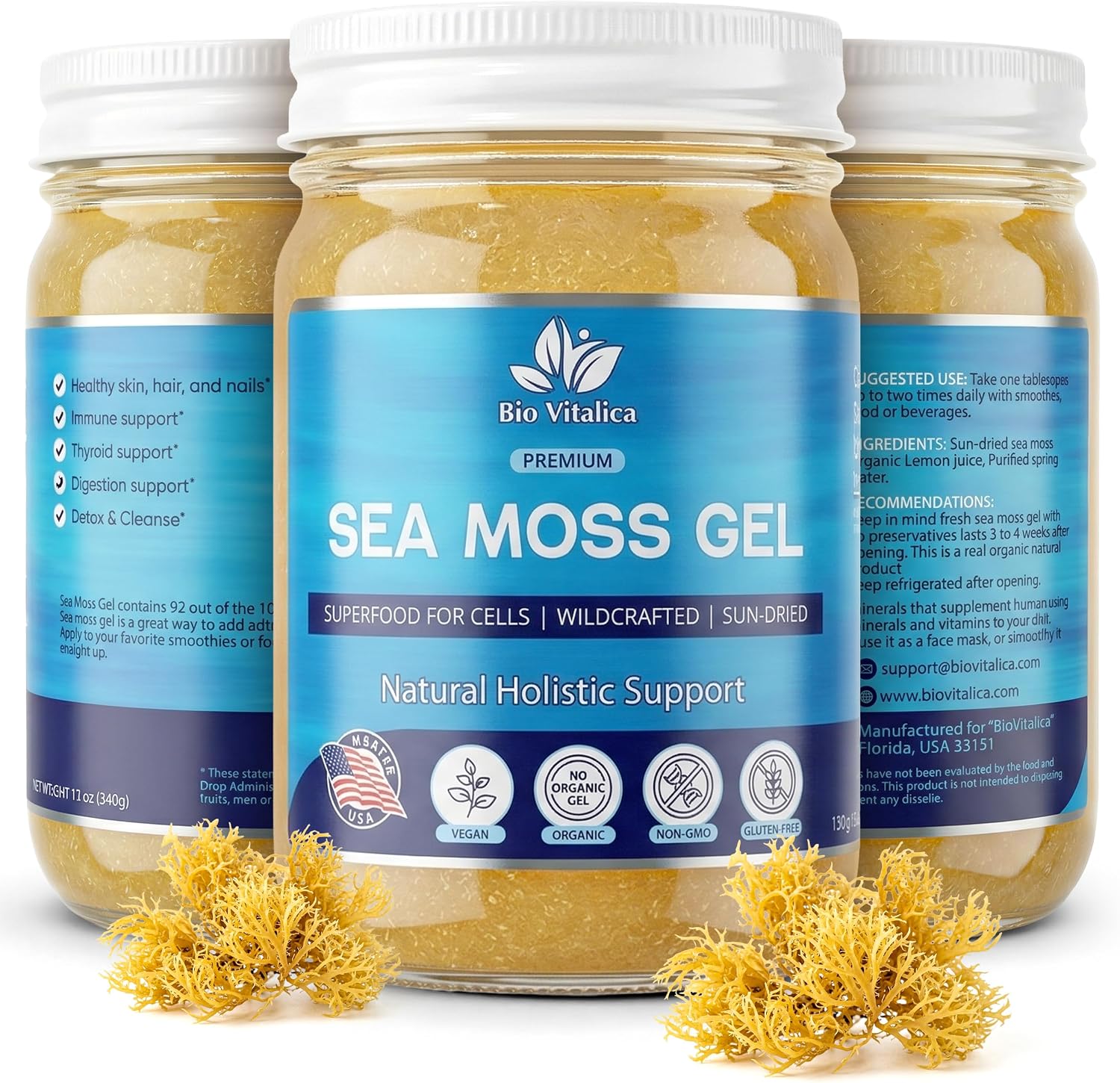 Wildcrafted Irish Sea Moss Gel - Plain Unflavored, No Added Sugar | Sun-dried seamoss gel, three ingredients, no added sugar or fruit puree, vegan, glass jar, USA made.