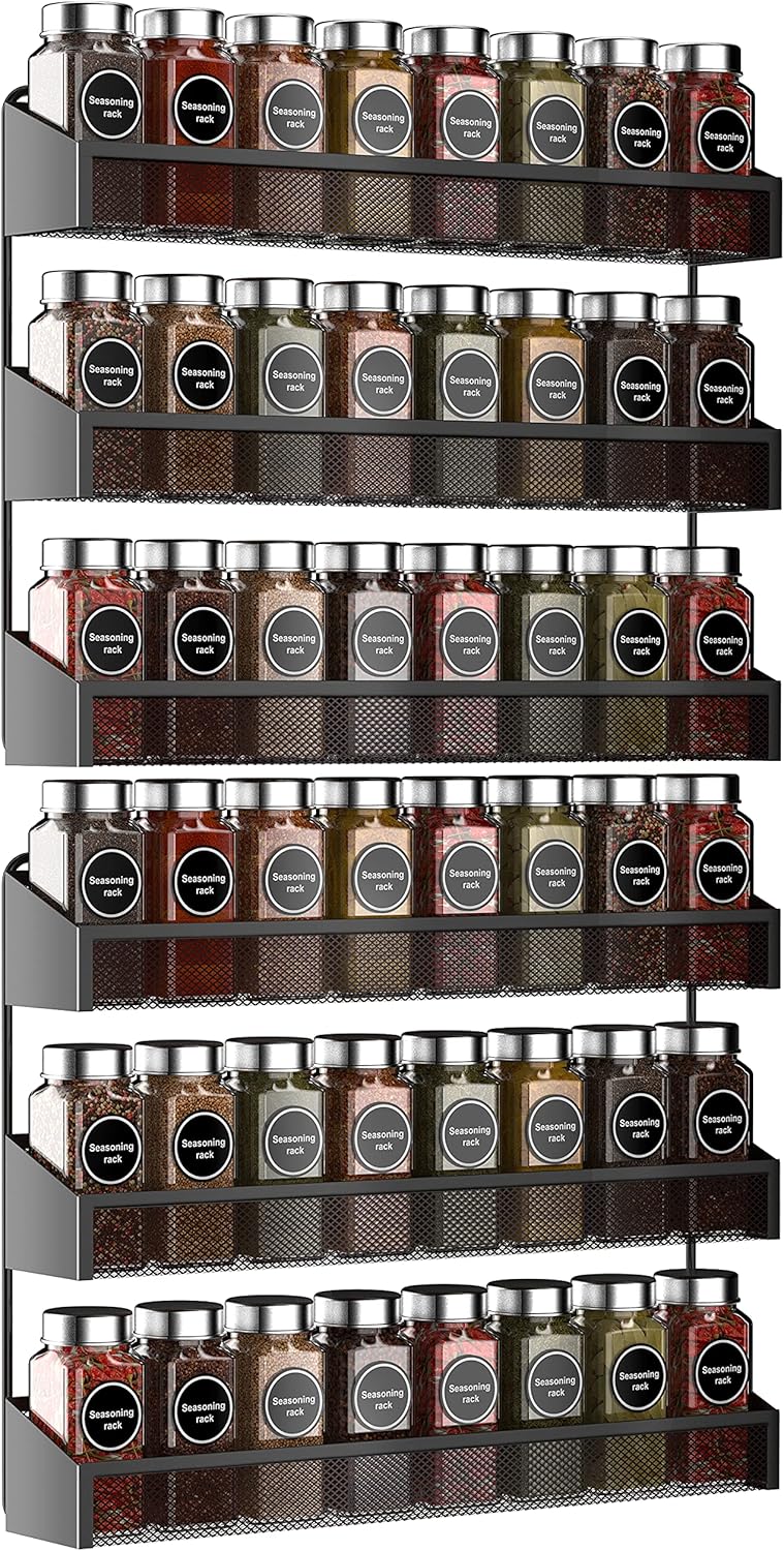 AULEDIO 2 Pack Spice Rack Organizer, 3 Tier Counter-top Stand or Wall Mounted Storage Rack Hanging Shelf for Kitchen Cabinet, Cupboard, Pantry Door Bathroom Shower Cosmetic (Black)