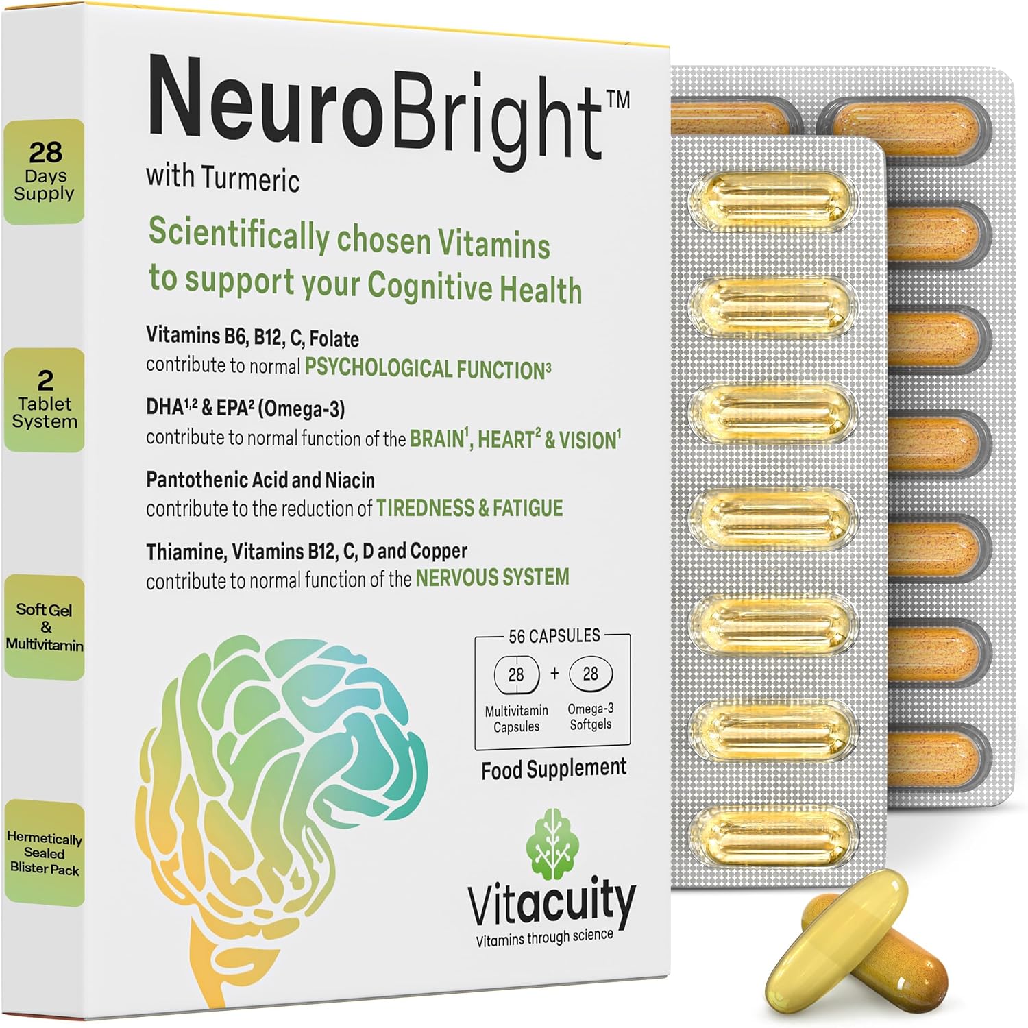 NeuroBright with Turmeric – Brain Supplement Multivitamin + Omega-3 Fish Oil Capsules for Memory & Focus – 16 High-Dose Ingredients inc. Vitamins C, D, E, B-Complex, Curcumin, Zinc & Copper – 56 Caps