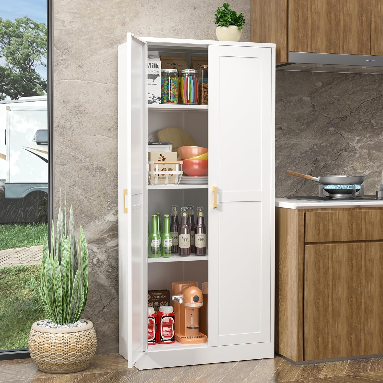 Metal Pantry Cabinet, Storage Cabinet with Doors and Shelves, Cupboard with Adjustable Leveling Foot, for Laundry, Living Room, Bathroom, Dinning Room, Assembly Required, White 60" H