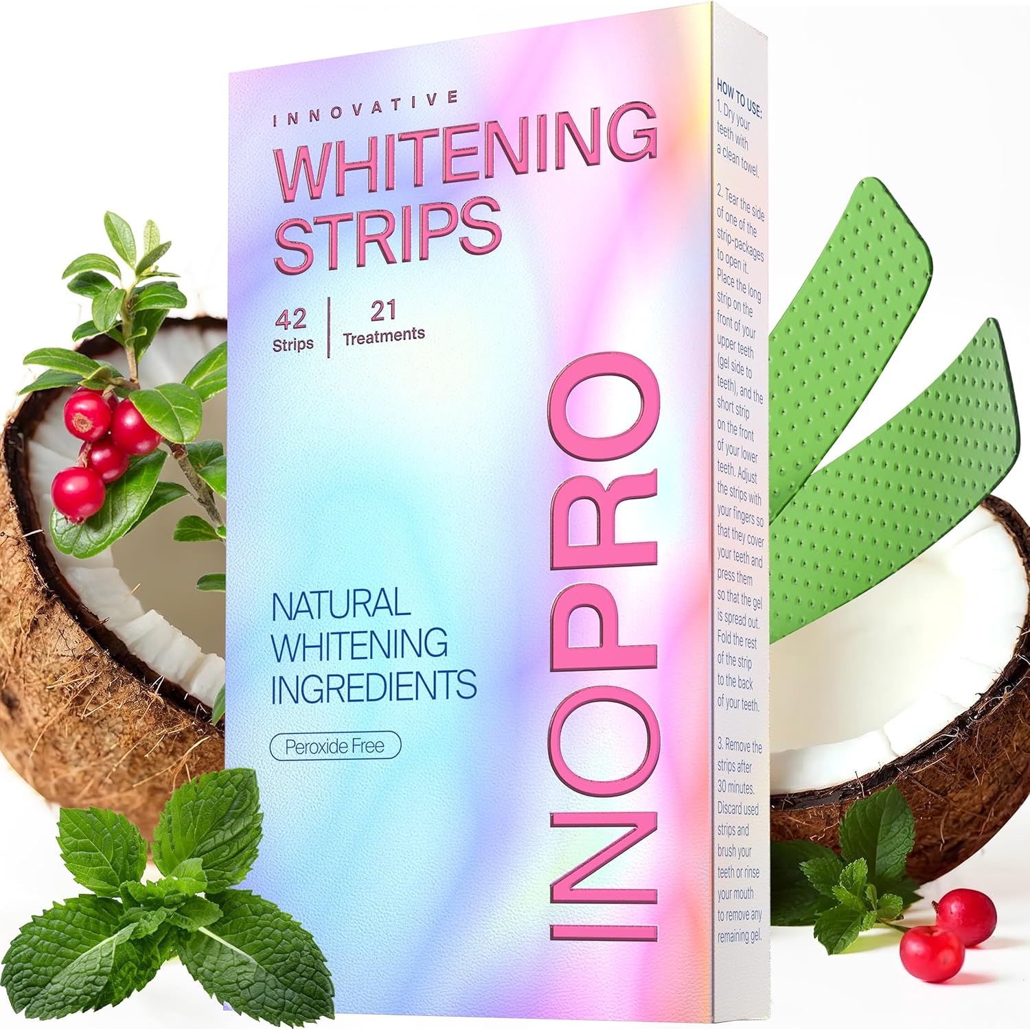 InoPro Teeth Whitening Strips 21 Treatments Kit - Teeth Whitener, Peroxide Free, Green White Strips for Teeth Whitening with Arbutin, Coconut Oil, Deep Stains Removal (42 Strips)