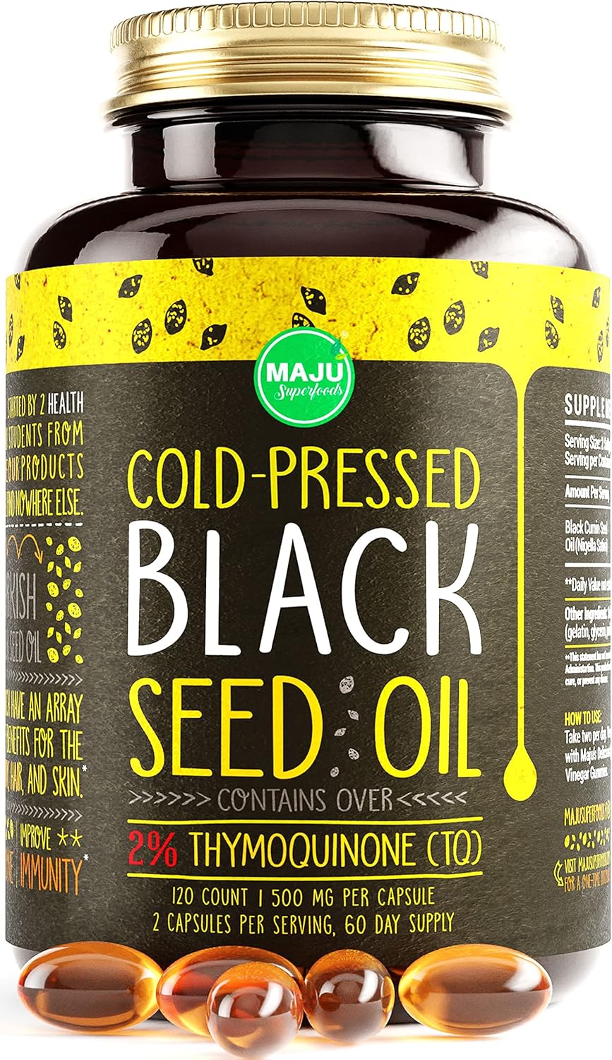 Maju Superfoods Black Seed Oil Capsules, Strong Cold Pressed, 2% Thymoquinone, 100% Turkish Black Cumin Nigella Sativa Seed Oil, Organic BSO, Liquid Blackseed, 120 Count, 500mg per Capsule