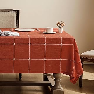 ZeeMart Grid Embroidered Hemmed Tablecloths, Orange 52x70 Inch, Farmhouse Style Heavy Weight Cotton Linen Burnt Orange Tablecloths, Boho Plaid Water Resistant Rectangle Table Cloth