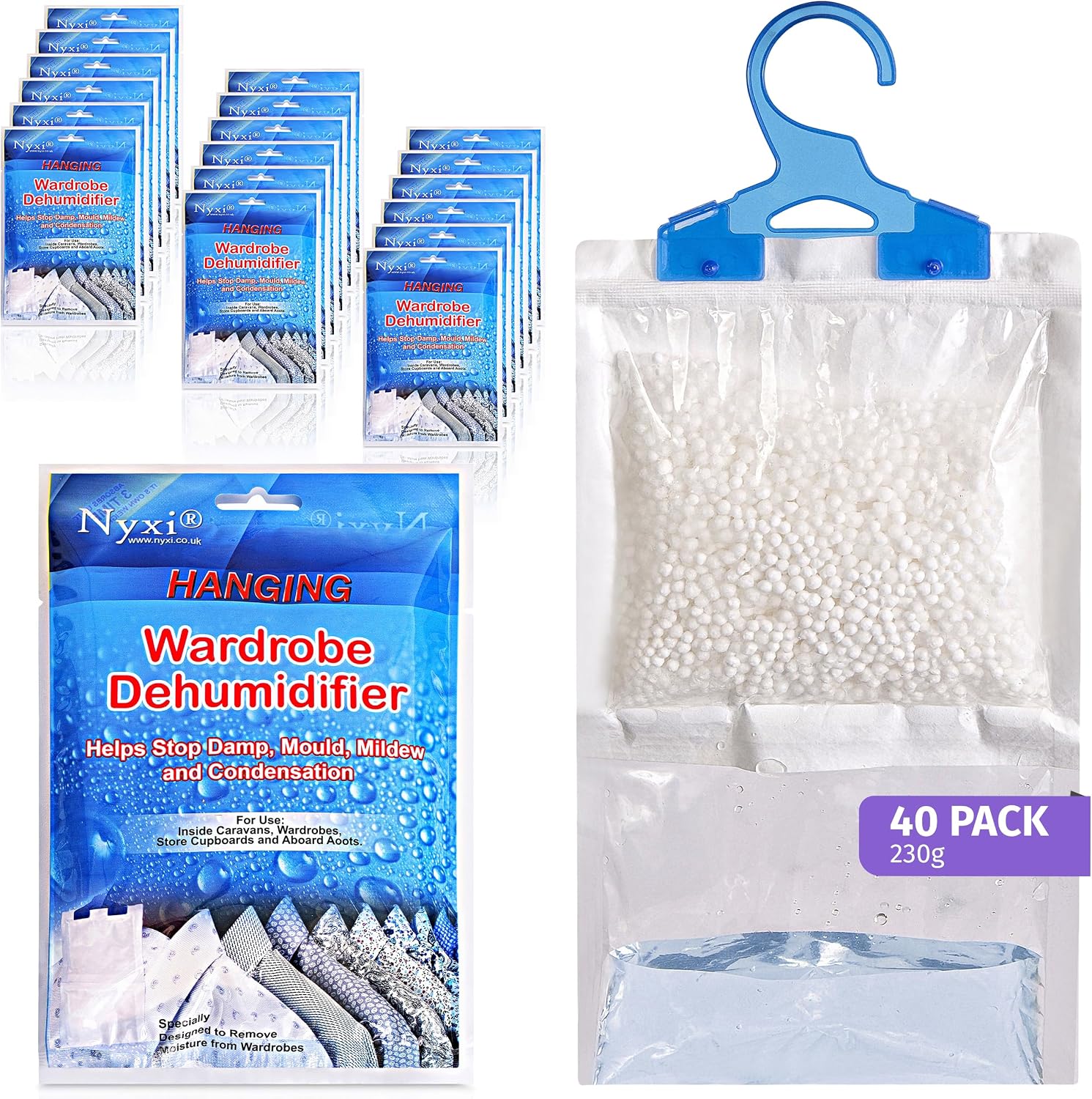 Nyxi Set of 40 Hanging Interior Wardrobe Dehumidifier - 230g Each Bag - Ideal to stop damp, mould mildew & condensation- For Wardrobe, Home, Kitchen, Garage, Bedroom, Caravan, Office, Basement etc