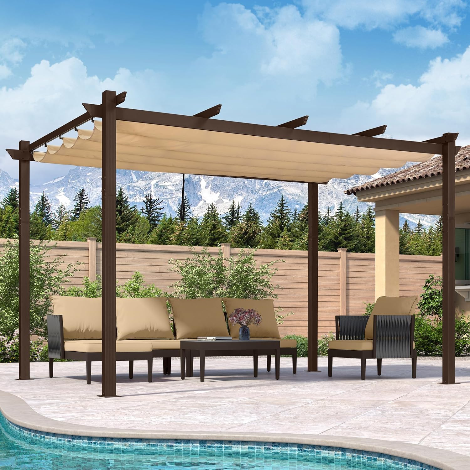 PURPLE LEAF 10' x 13' Outdoor Retractable Pergola Aluminum with Sun Shade Canopy DIY Patio Modern Heavy-Duty Brown Shelter for Garden Yard Pavilion Grape Trellis Porch, Beige