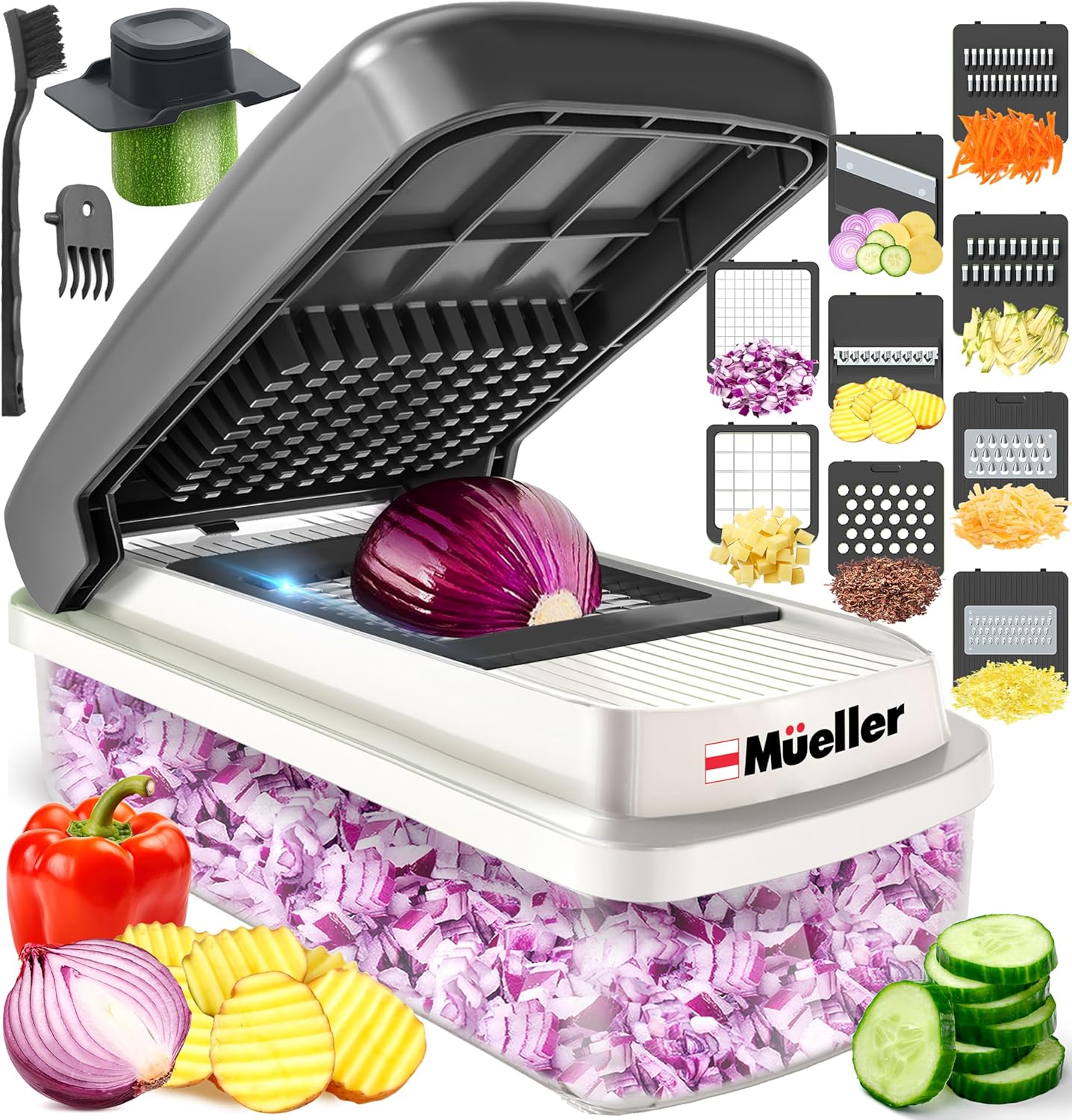 Mueller Vegetable Chopper Mandoline Slicer, Food Veggie Chopper, Cheese Grater, Onion Vegetable Cutter with Container, Dicer, Kitchen Gadgets & Essentials, White Sand/Grey