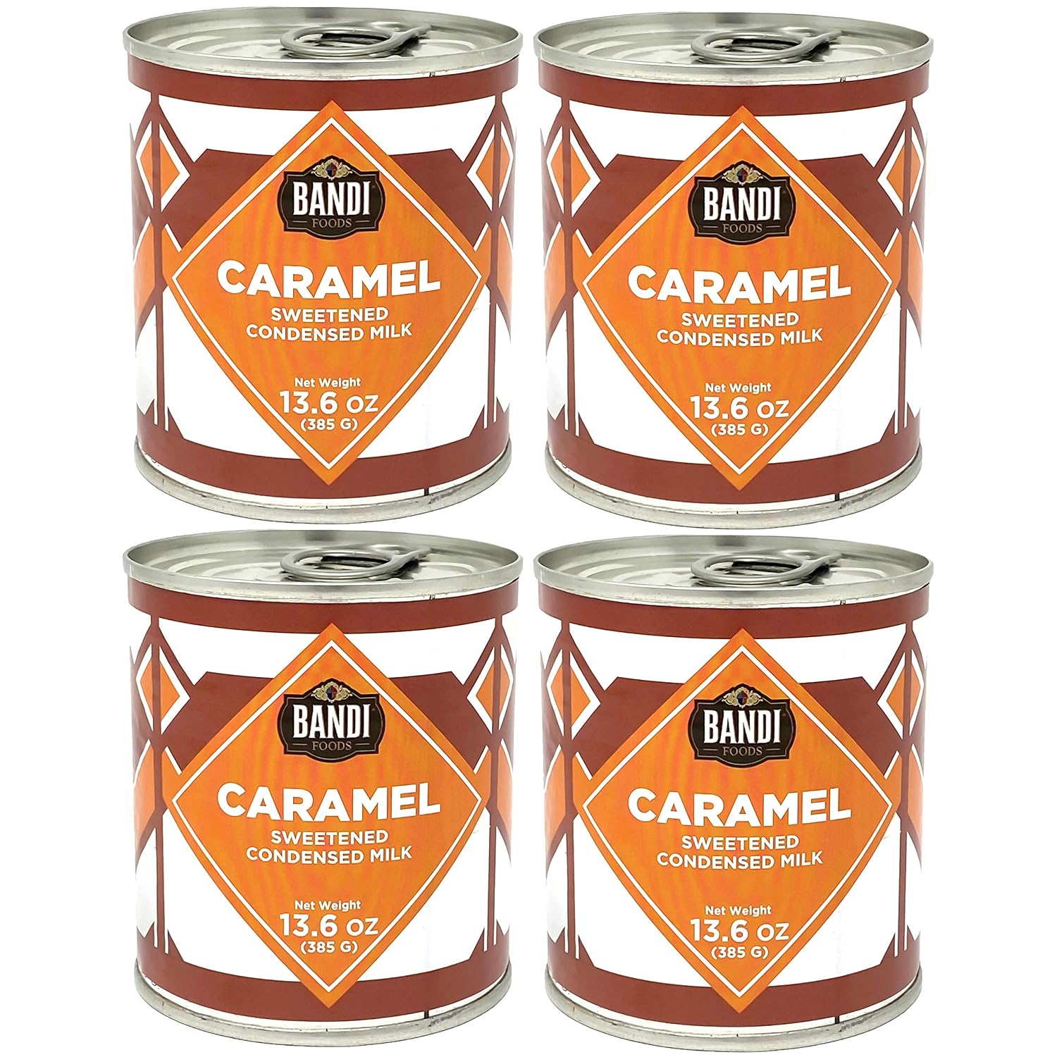 BANDIFoods Imported Sweetened Condensed Milk, 13.6 Ounce (Pack of 4), Easy Opener, Authentic Delicious Taste for Baking, Tea and Coffee (4 Pack, Caramel)