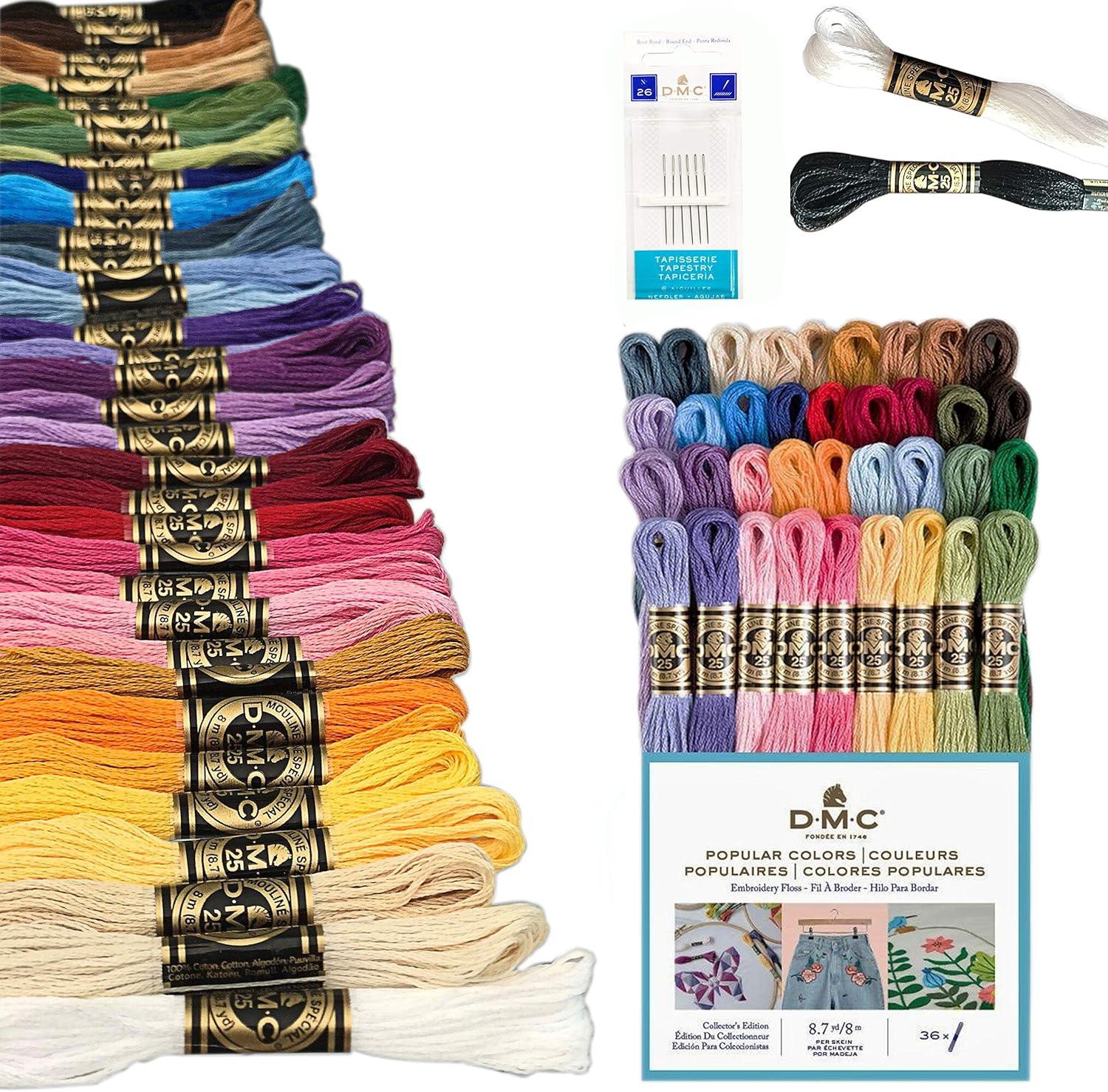 DMC Embroidery Floss Pack Popular Colors, Embroidery Thread Kit Include 36 Assorted Color Bundle with DMC Mouline Cotton White/Black and Cross Stitch Hand Needles Size 26.