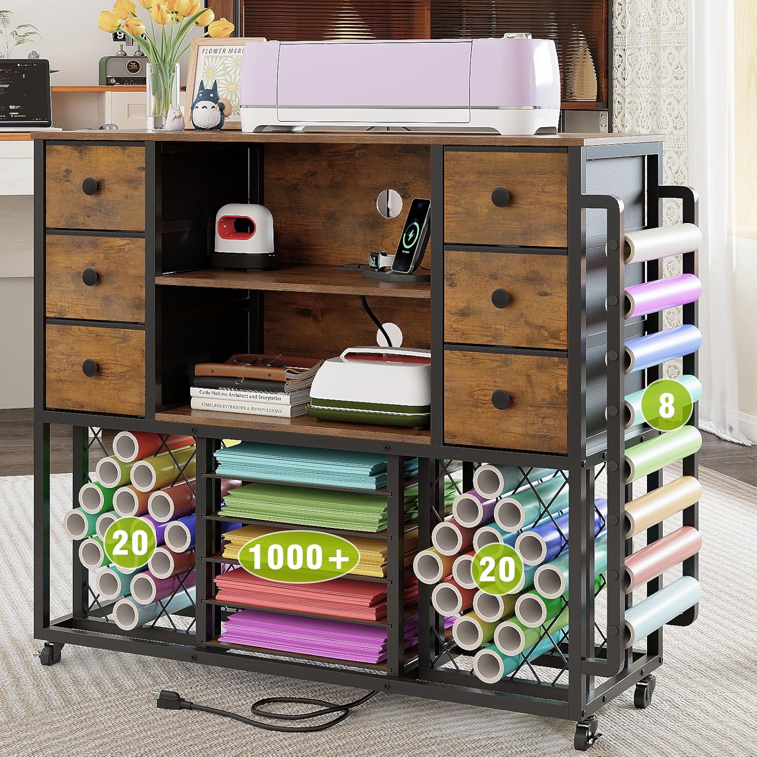 Craft Cart Compatible with Cricut Machine Cricut Table with Charging Station 48 Vinyl Roll Holders Rolling Cart with 6 Drawers Designed for Accessories Organization (Rustic Brown)
