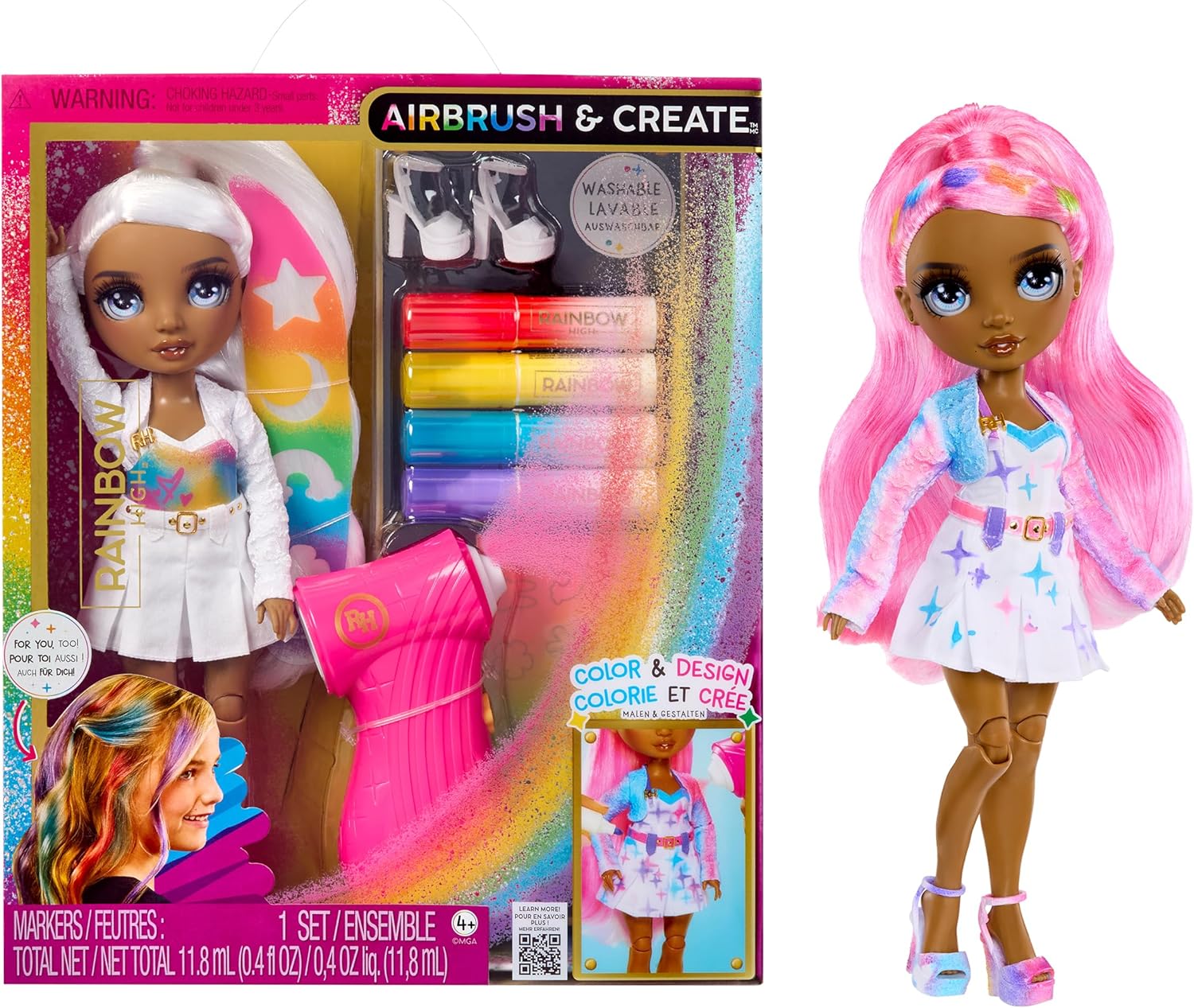 Rainbow High Air Brush & Create - 1 DIY Fashion Doll with Airbrush Market Kit, Washable Rainbow Markers, Long Hair, Grey Eyes, Creative Play for Children 4 to 12+