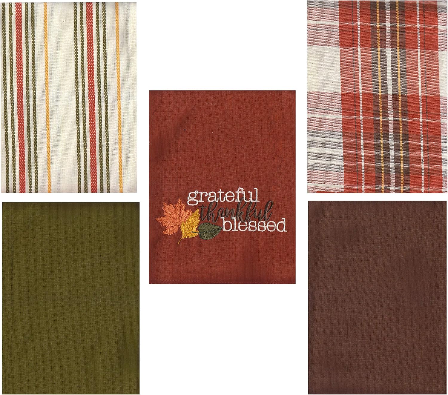 Thanksgiving Towel Set, 5 Pack Kitchen Towels, Grateful Thankful Blessed Cotton Oversize 18 x 28 Inches Fall Theme Design with Solid, Plaid and Stripe