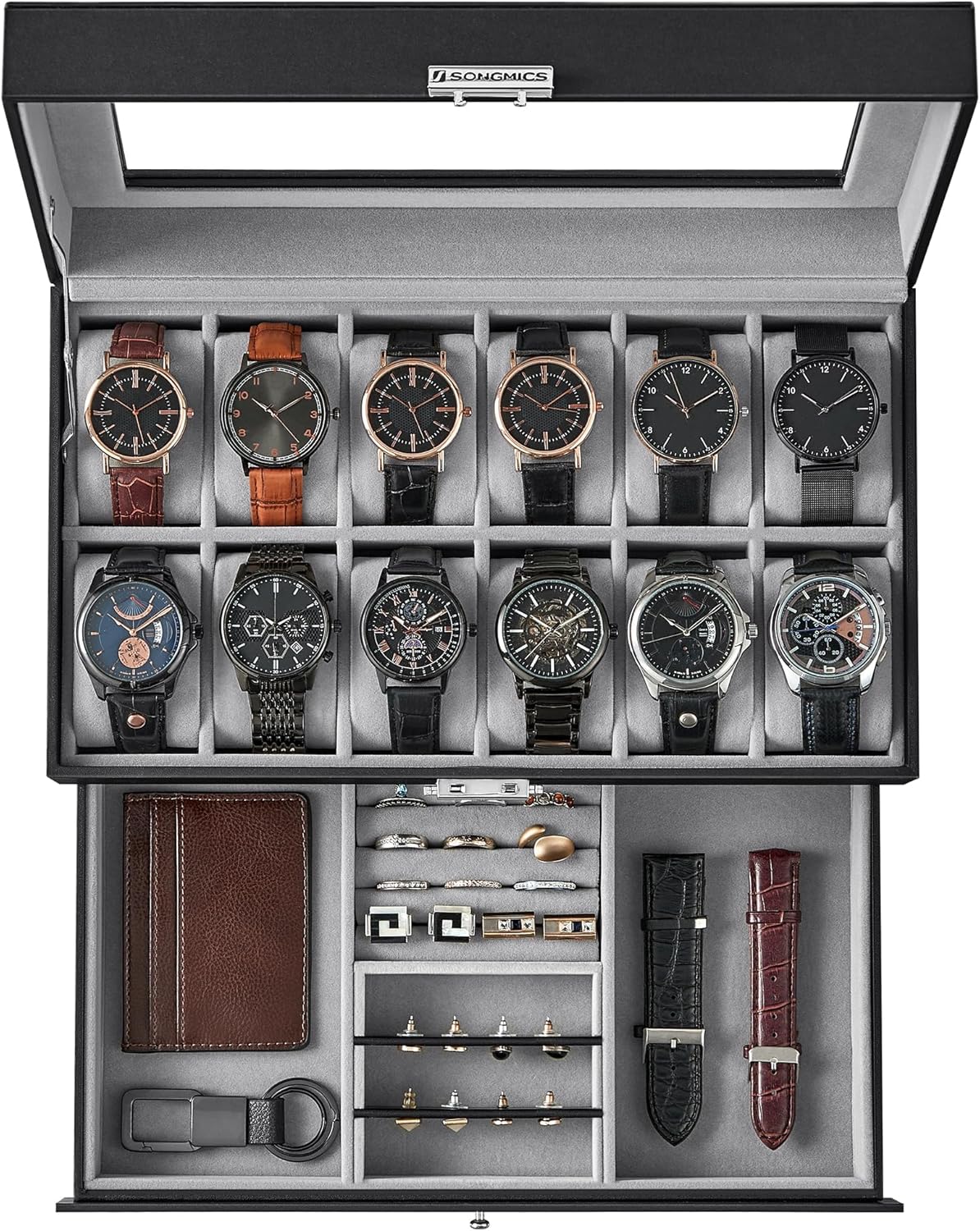 SONGMICS 12-Slot Watch Box, Lockable Watch Case with Glass Lid, 2 Layers, with 1 Drawer for Rings, Bracelets, Gift Idea, Black Synthetic Leather, Gray Lining UJWB012