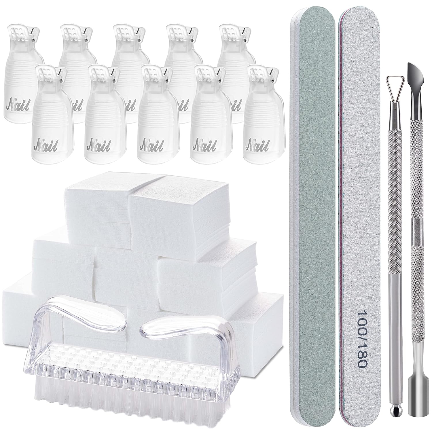 Gel Nail Polish Remover Tools Kit, with 10 Pcs Nail Clips, 400 Pcs Lint Free Nail Wipes, Nail Files 100/180, Buffer Block 400/4000, Nail Brush, Cuticle Pusher& Peeler (Clear)