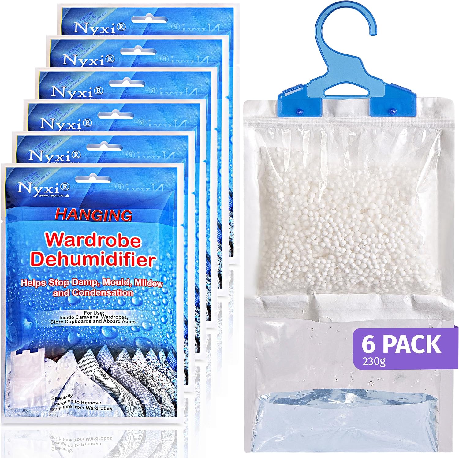 Set of 6 Hanging Interior Wardrobe Dehumidifier - 230g Each Bag - Ideal to stop damp & condensation- For Wardrobe, Home, Kitchen, Garage, Bedroom, Caravan, Office, Basement etc