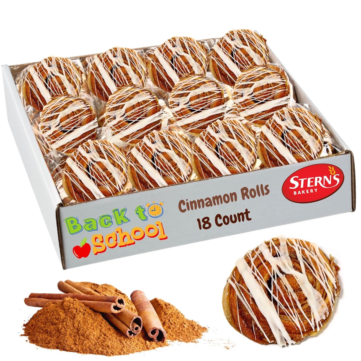 Cinnamon Rolls with White Icing | [18] Cinnamon Buns Individually Wrapped | Great Breakfast Pastry, Back to School Snacks | Kosher, Dairy Free & Nut Free | Stern’s Bakery