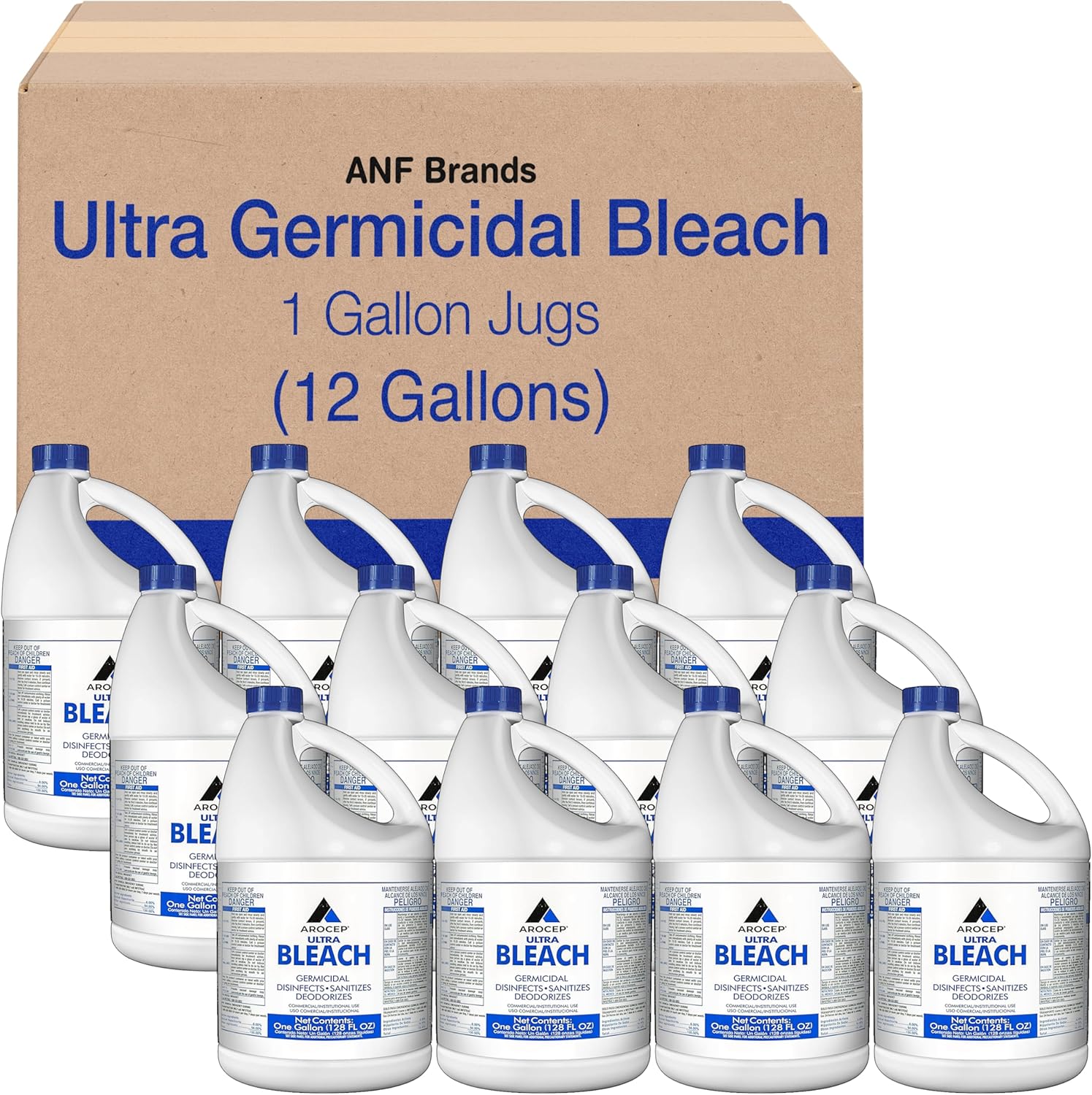 (12 Gallons) - Liquid Chlorine Bleach, for Laundry, Household and Commercial Cleaning, 1 Gallon Jugs