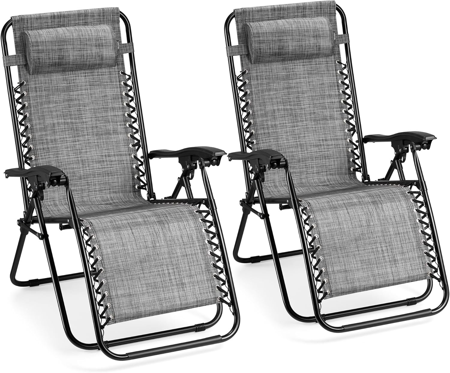 VonHaus Zero Gravity Chairs Set of 2 - Grey Reclining Sun Loungers for Garden - Textilene Folding Sunloungers with Detachable Head Pillow - Fold Away 2 Set Deck Chairs for Outdoor, Patio & Decking