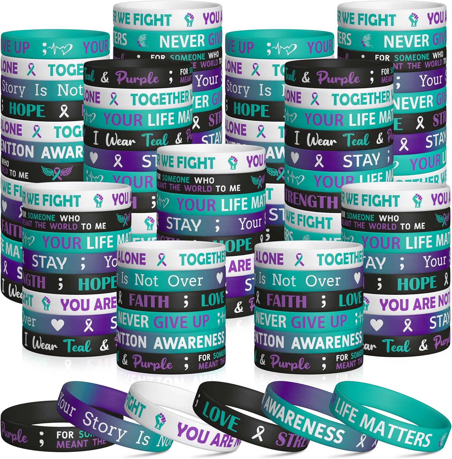 WATINC Suicide Awareness Silicone Bracelets Set, Suicide Prevention Awareness Pieces Ribbons Stretch Wristbands for Teen