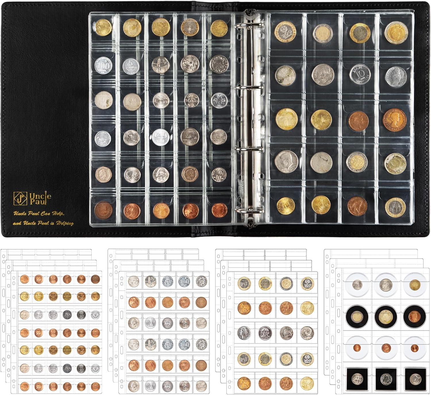 Uncle Paul 306 Pockets Coin Collection Album Binder with Slipcase Set - Assorted 4 Sizes of Pockets, 12 Pages Collection Book, All in One 4-Ring Coin Album 9.6"x 11.8" BC01