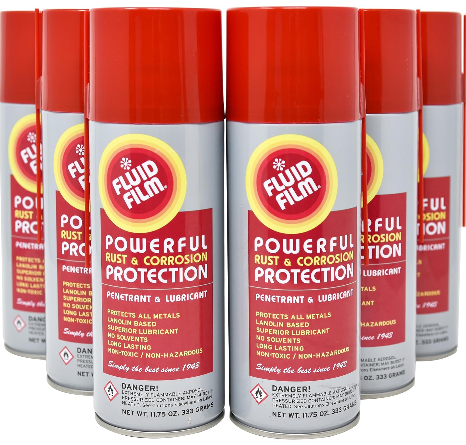 Fluid Film Rust & Corrosion Protection, Metal Surface Penetrant & Lubricant, Marine, Automotive, Industrial, Home, 11.75 Oz Aerosol Spray (Pack of 6)