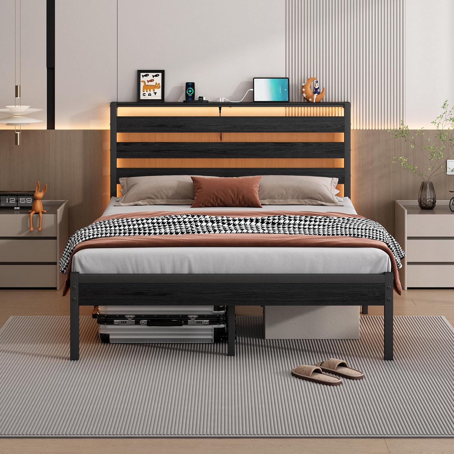 14 Inch Classic Metal Platform Bed Frame-Full Size Bed Frame with Headboard,Steel Slats Support-LED Bed Frame with USB Charging Station,Under Bed Storage,No Box Spring Needed,Noise Free