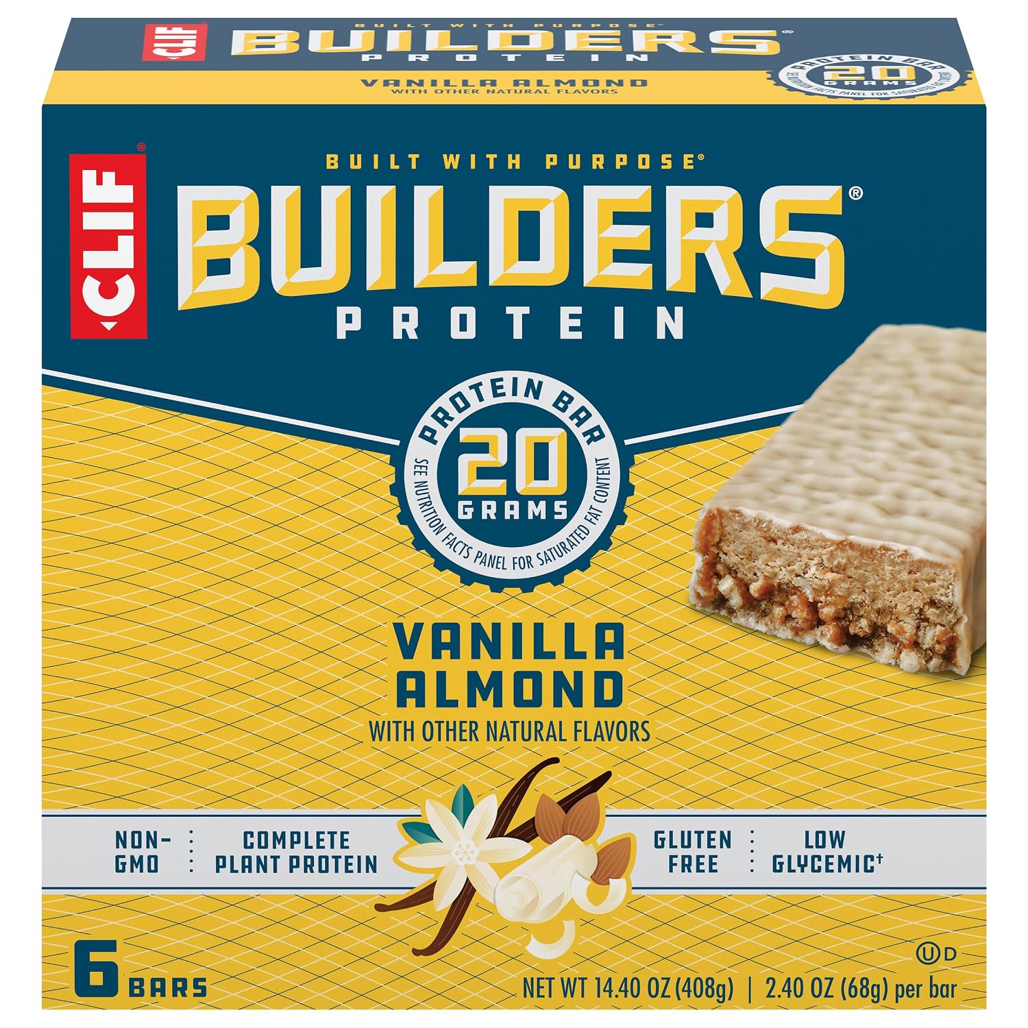 CLIF BUILDERS Protein Bars - Vanilla Almond Flavor - 20g Plant Based Protein - Gluten Free - Non-GMO - Low Glycemic - No Artificial Sweeteners - 2.4 oz. (6 Pack)