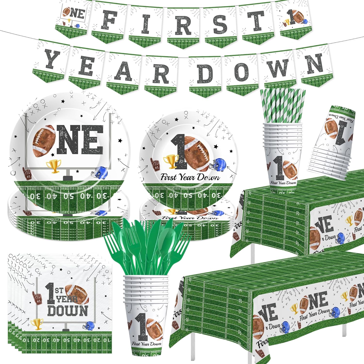 Football 1st Birthday Party Decorations Serves 24, First Year Down Football Birthday Party Supplies, Include Paper Plate, Cup, Napkin, Tablecloth, Cutlery, Banner