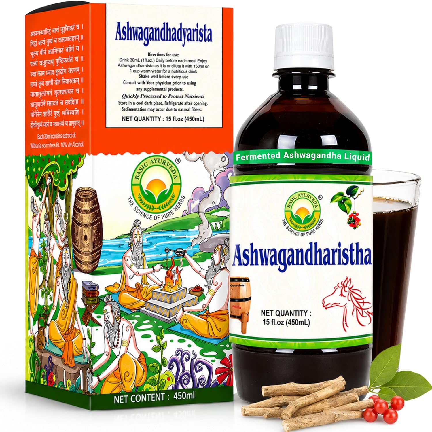 Basic Ayurveda Ashwagandharishta | 16.23 Fl Oz (480ml) | Fermented Ashwagandha Herbal Liquid | Traditional Ayurvedic Blend | Gluten-Free, Non-GMO & Vegan