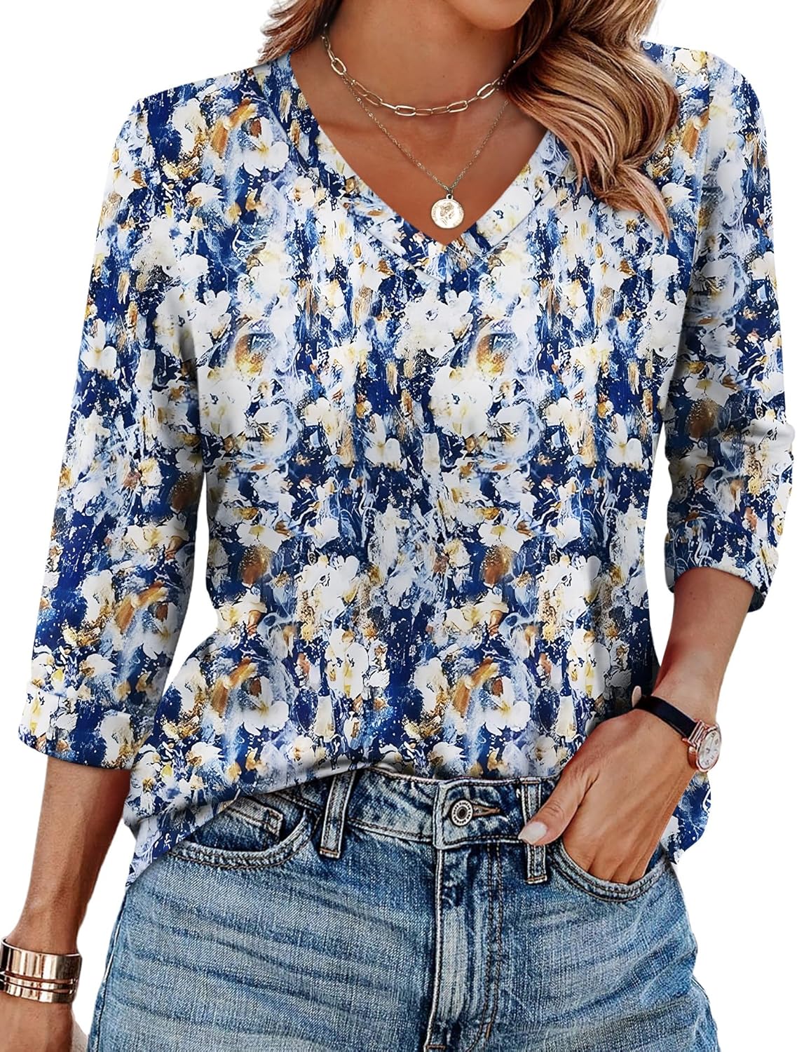 WIHOLL Womens Tops 3/4 Length Sleeve V Neck Casual Tunic Tops Basic Shirts Loose Fit Blouse