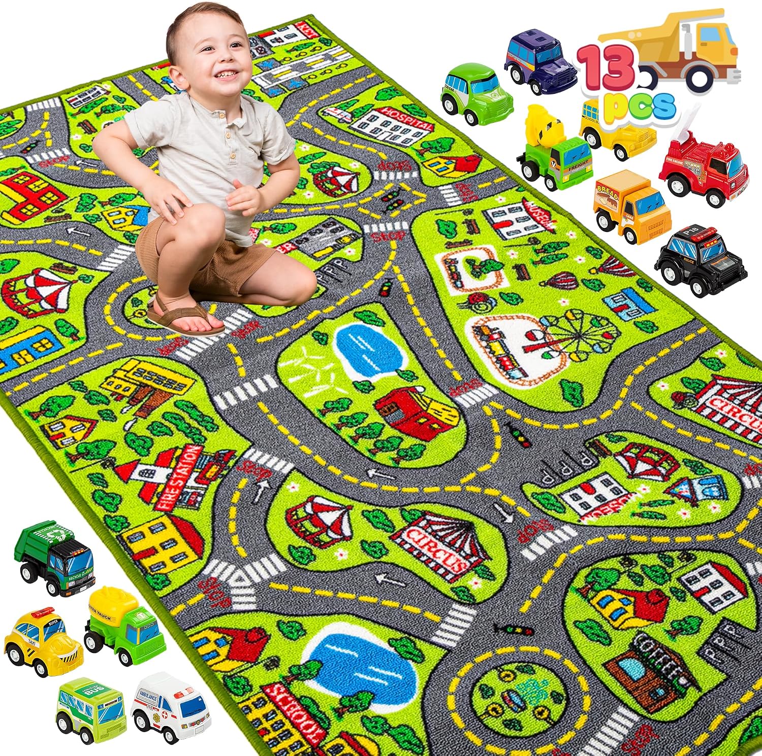 JOYIN Kids Play Rugs with 12 Pull-Back Vehicle Set, Durable Kids Carpet Playmat Rug, City Pretend Play, Toddler Car Track Rug