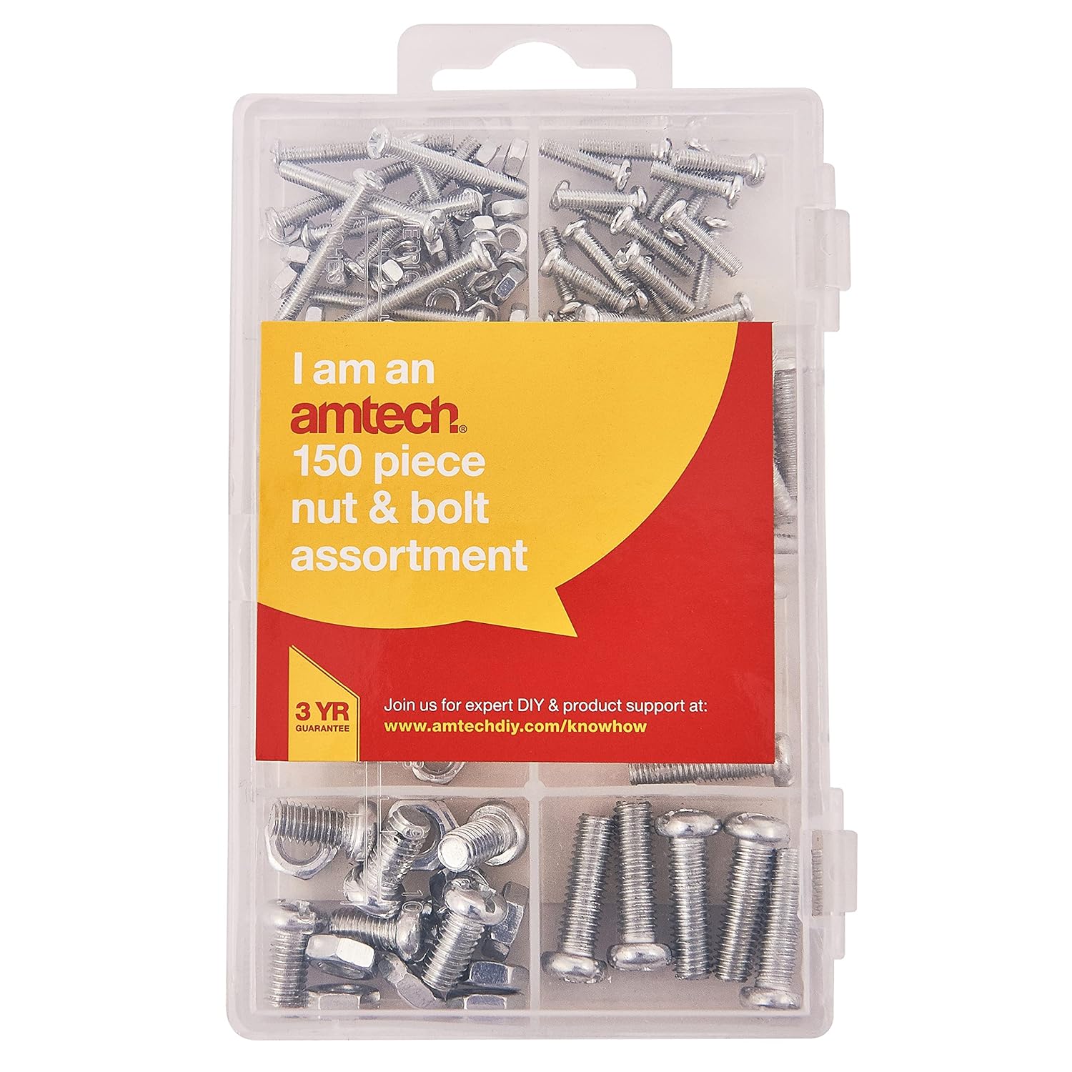 Amtech Nuts and Bolts Set - DIY at Home, Secure Fastening for Wood, Metal, Stubs, and More, Easy to Use, Includes Convenient Storage Box (150 Piece)