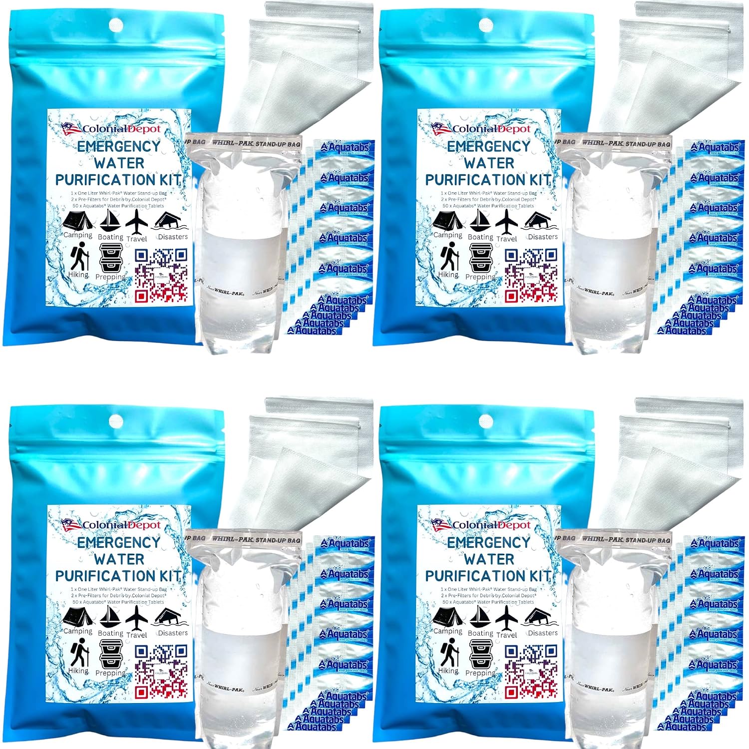 Emergency Water Purification Tablets, Aquatabs 200 pk Water Purifying Tablets, 4pk Whirl-Pak Water Storage & Purifier Bags, 8X Prefilters for Debris Filtration, Camping Must Haves (4)