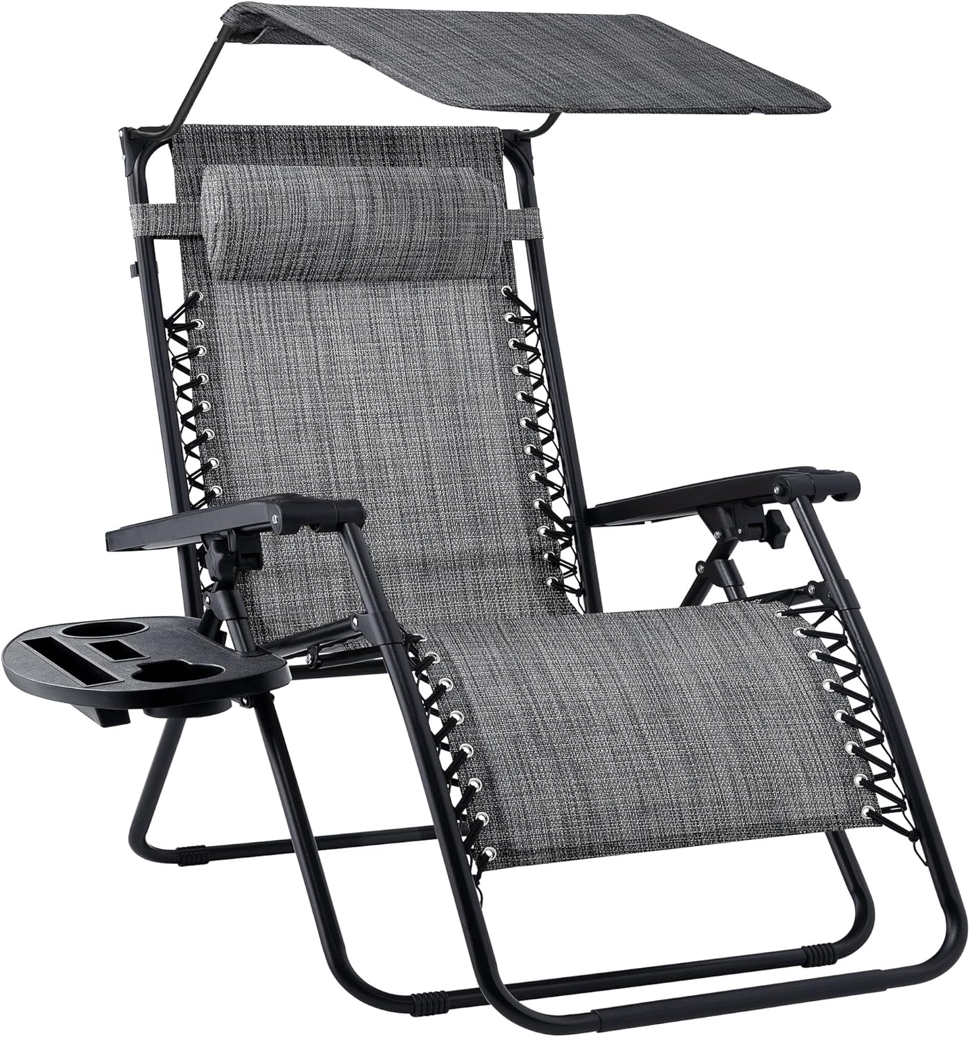 Best Choice Products Folding Zero Gravity Outdoor Recliner Patio Lounge Chair w/Adjustable Canopy Shade, Headrest, Side Accessory Tray, Textilene Mesh - Gray