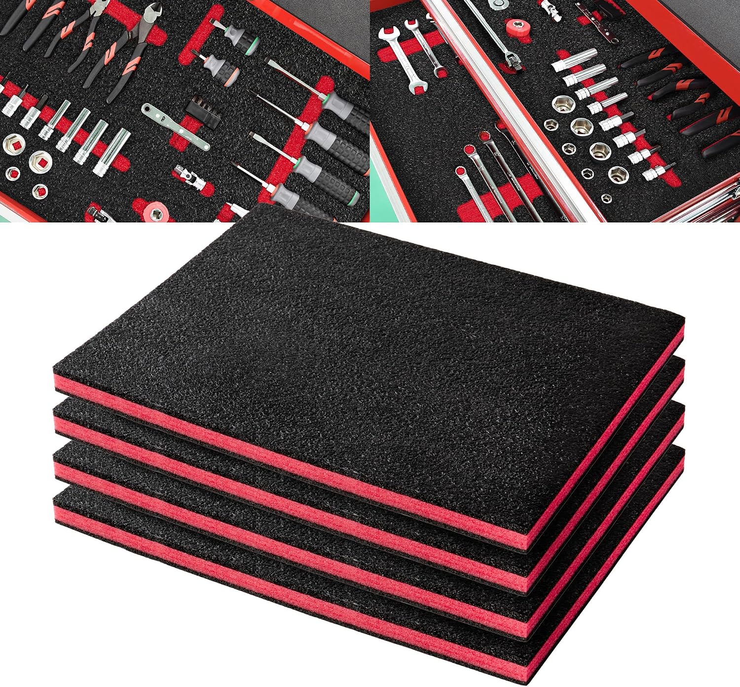 Precision Defined Tool Box Foam Insert, 40.6x30.4x2.54cm (4-Pk) | Polyethylene Cushion Insert for Cases, Black/Red