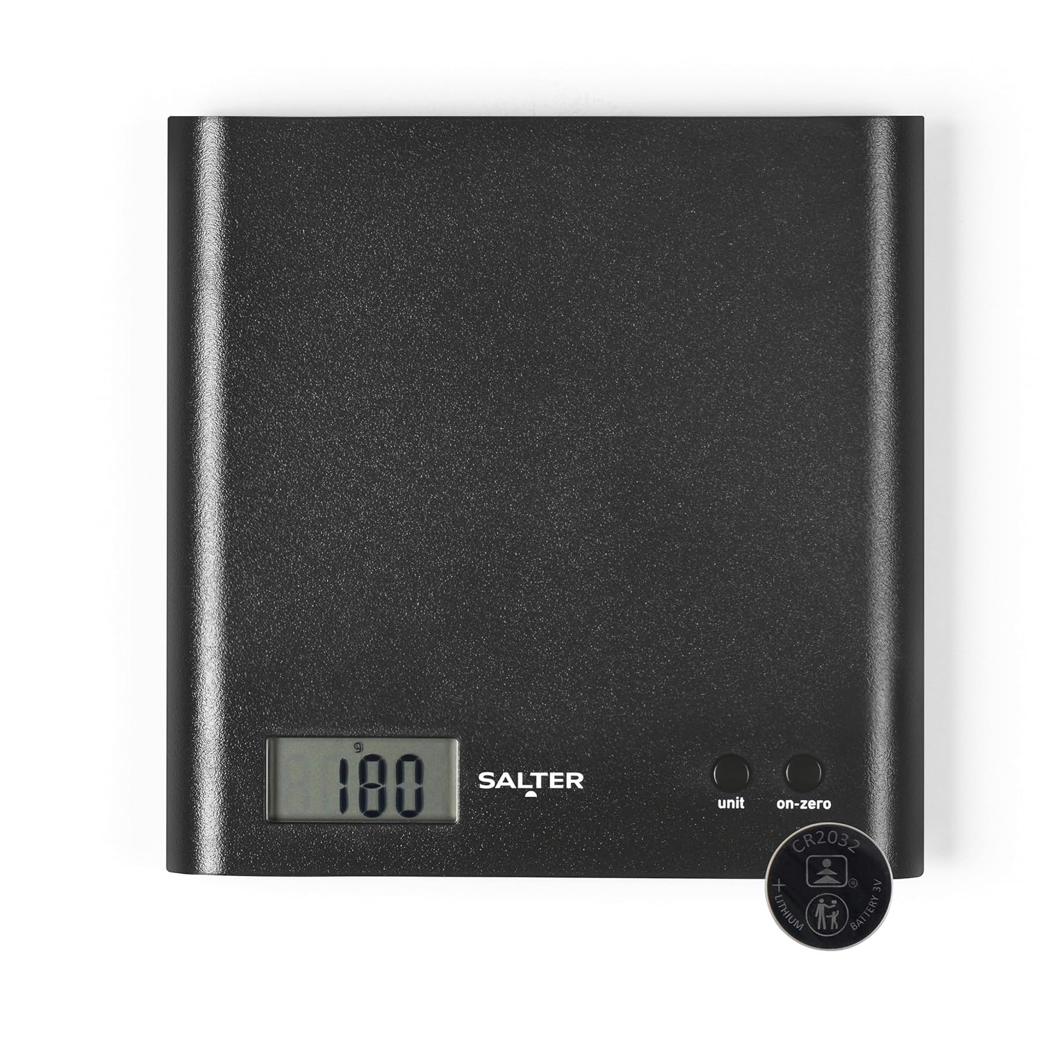 Salter 1066 BKDR15 Arc Kitchen Scale – Digital Food Weighing Scales For Precise Cooking/Baking, Slim Platform for Compact Storage, Add & Weigh/Tare Function, 3kg Capacity, Battery Included, Black