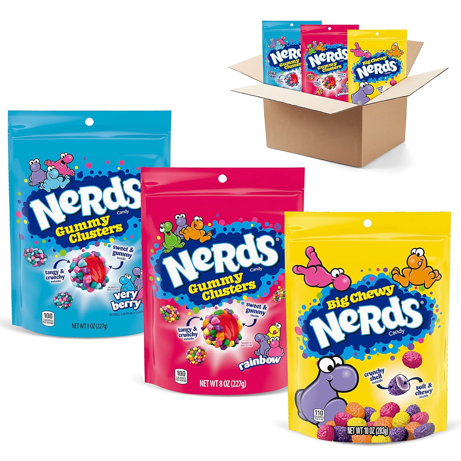 NERDS Gummy Clusters Variety Pack | Rainbow Gummy Clusters, Very Berry Gummy Clusters, Big Chewy Nerds | Individually Wrapped, Reclosable Bags of Candy | Pack of 3, (2) 8 oz Bags, (1) 10 oz Bag,3 count (Pack of 1)
