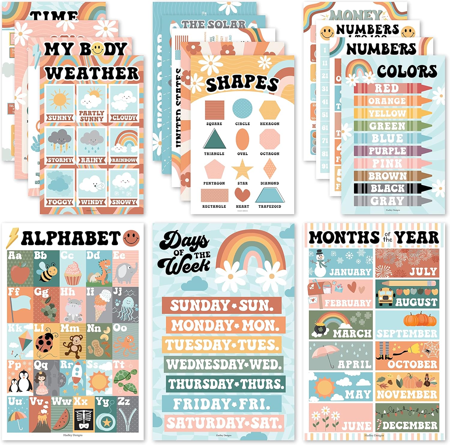 Hadley Designs 16 Educational Posters for Toddlers 1-3, Laminated Toddler Learning Posters for Preschool & Kindergarten, ABC Chart, Numbers, Colors, Shapes, Days of The Week, Retro Classroom Decor