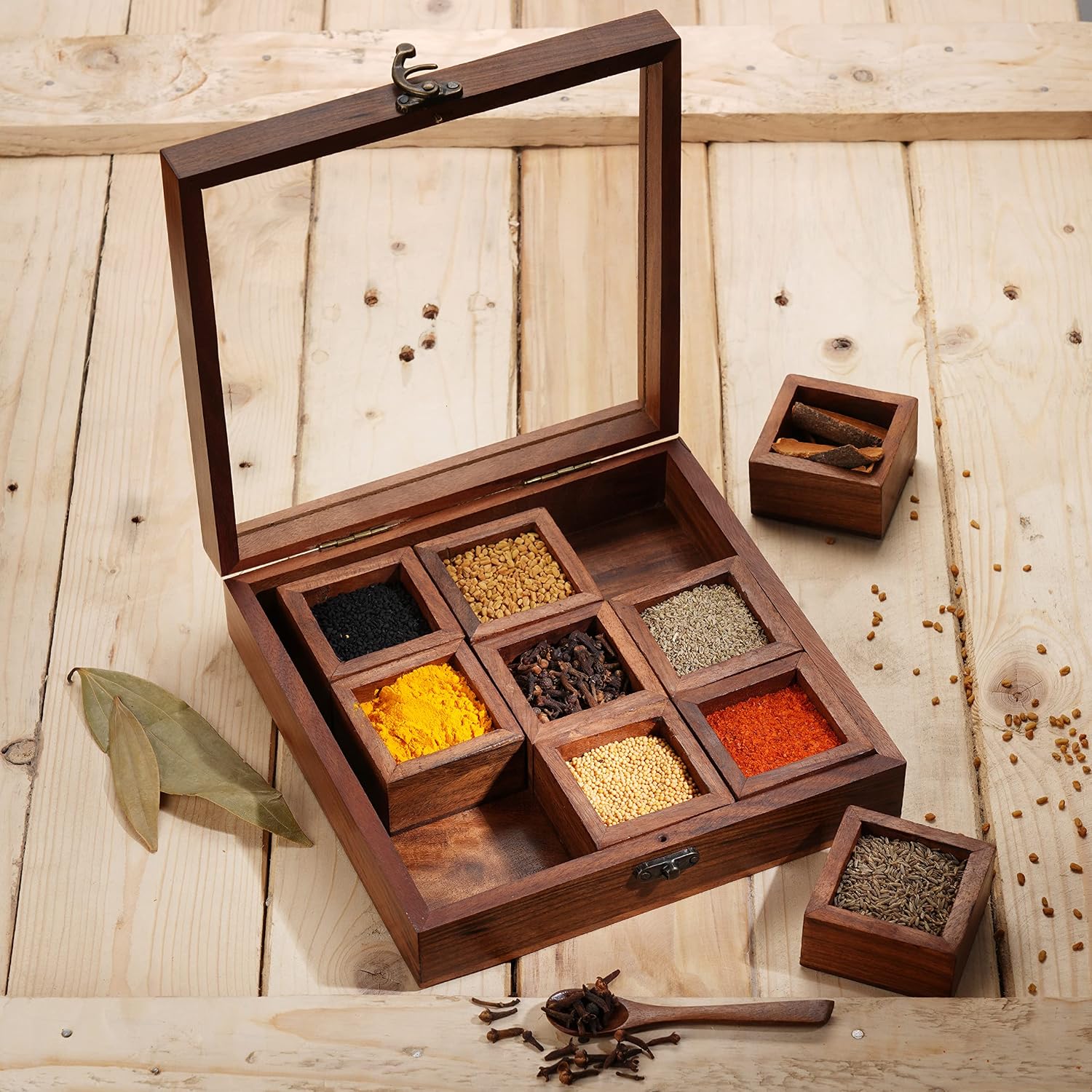 Ajuny Wooden Spice Box 9x9 Inch - Decorative Masala Dabba Organizer with Glass Lid, 9 Compartments & Spoon, Spice Storage Container, Ideal for Seasonings & Herbs, Perfect for Gift