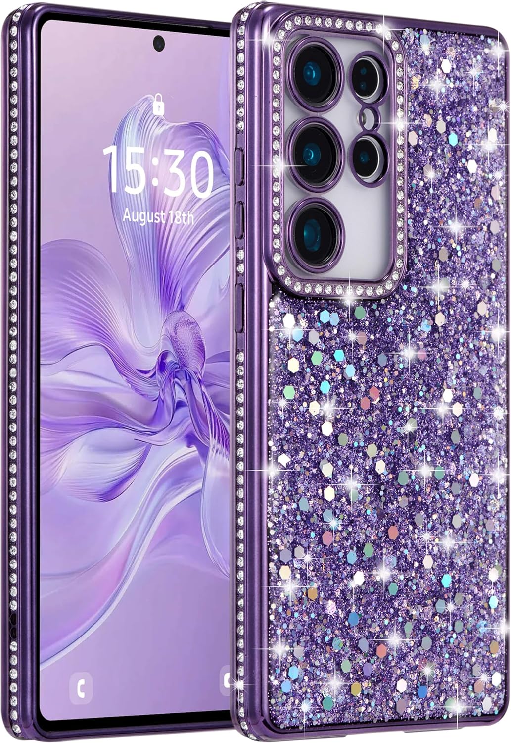 FABSPARK Case for Samsung Galaxy S24 Ultra,Glitter Crystal Diamond Rhinestone Sequin Shiny Bling Sparkly Glossy Luxury Electroplated,Aesthetic Cute Full Protection for Samsung Galaxy S24 Ultra,Purple