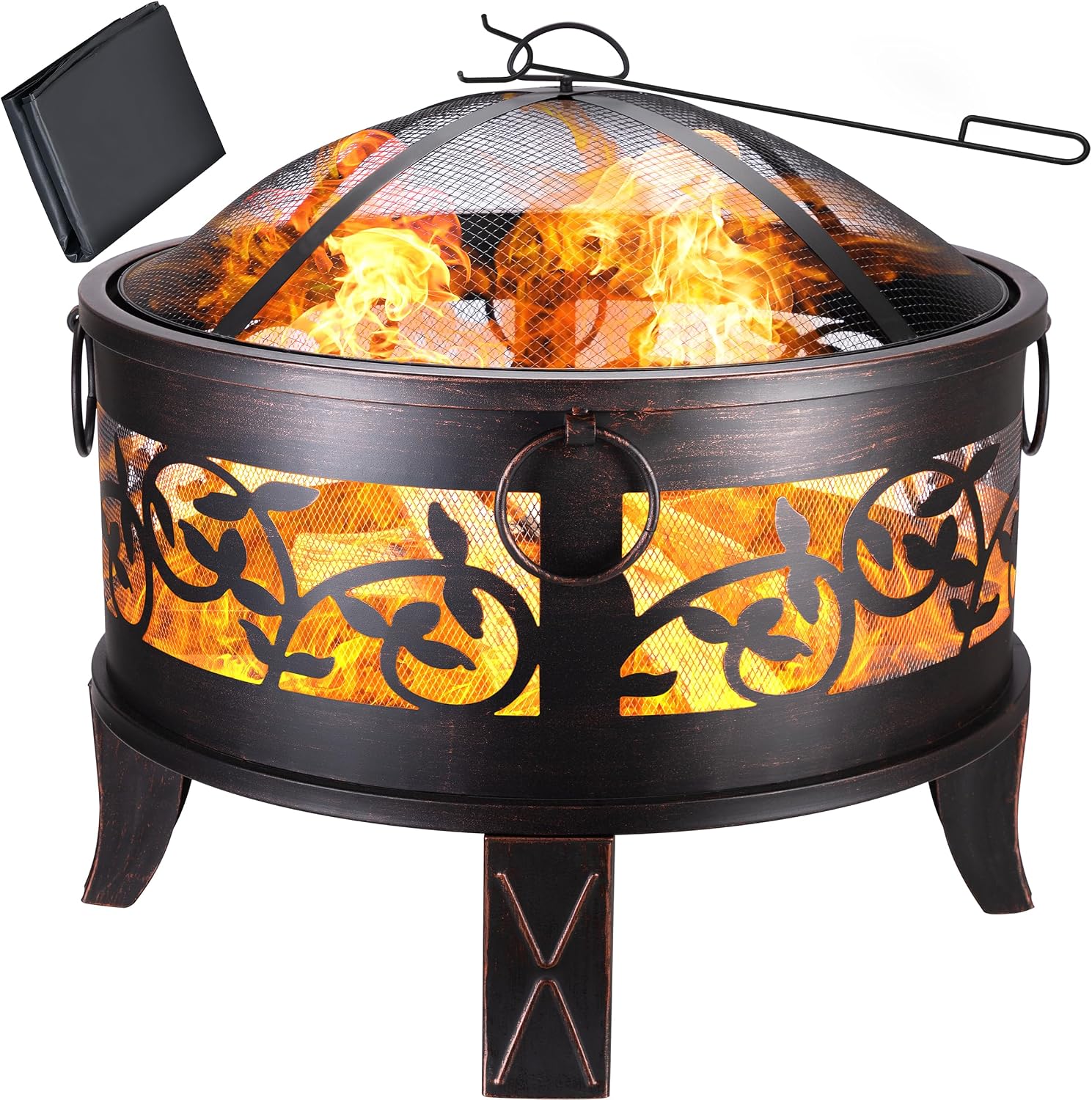 GARDEBRUK® Garden Patio Fire Pit | Diameter 67 cm | Rustic Outdoor Modern Steel Fire Basket Log Burner | Spark Protection Mesh Grill Guard, Poker, Storage Cover | Black Bronze