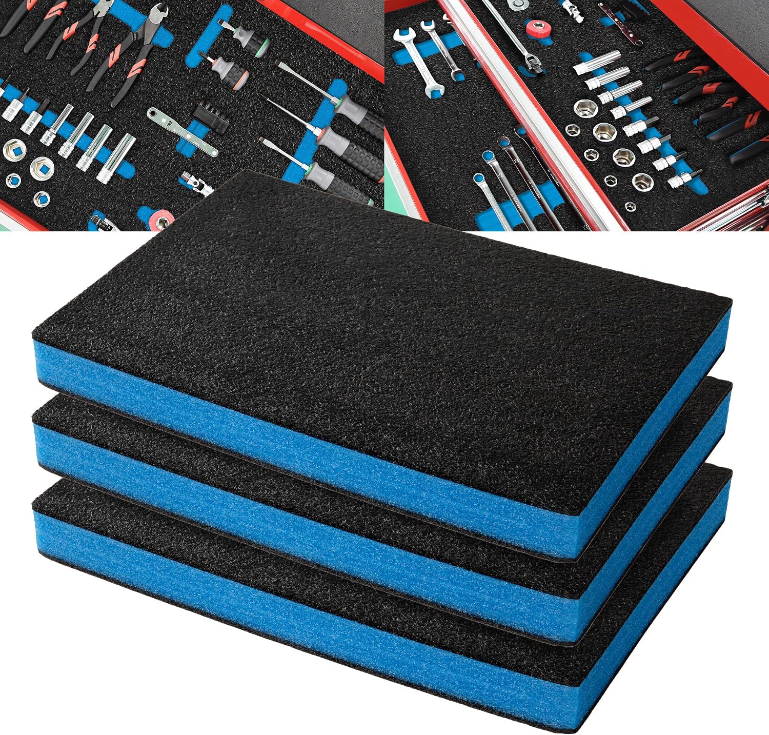 Precision Defined Tool Box Foam - Protective Inserts for Cases, Polyethylene Tool Foam for Cases, Cushion Insert for Toolboxes - Black/Blue (45.7 x 30.4 x 5 cm, 3 pack) | Polyethylene Cushion Insert for Cases, Black/Blue