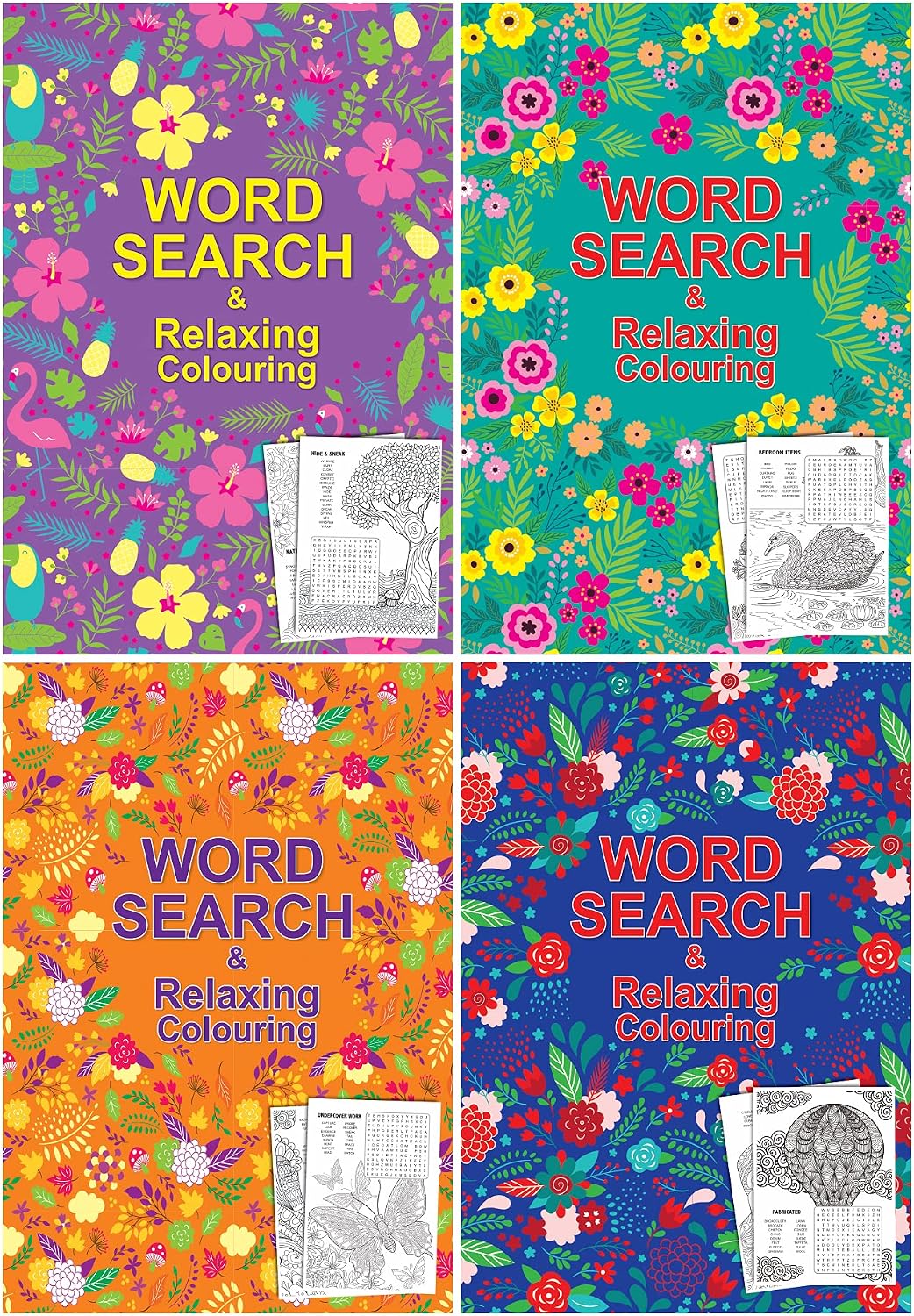 W.F. Graham 2-in-1 Word Search and Relaxing Antistress Adult Colouring Books, 14.5x21cm, Set of 4 Word Search/Coloring Books in Assorted Art Pattern Designs